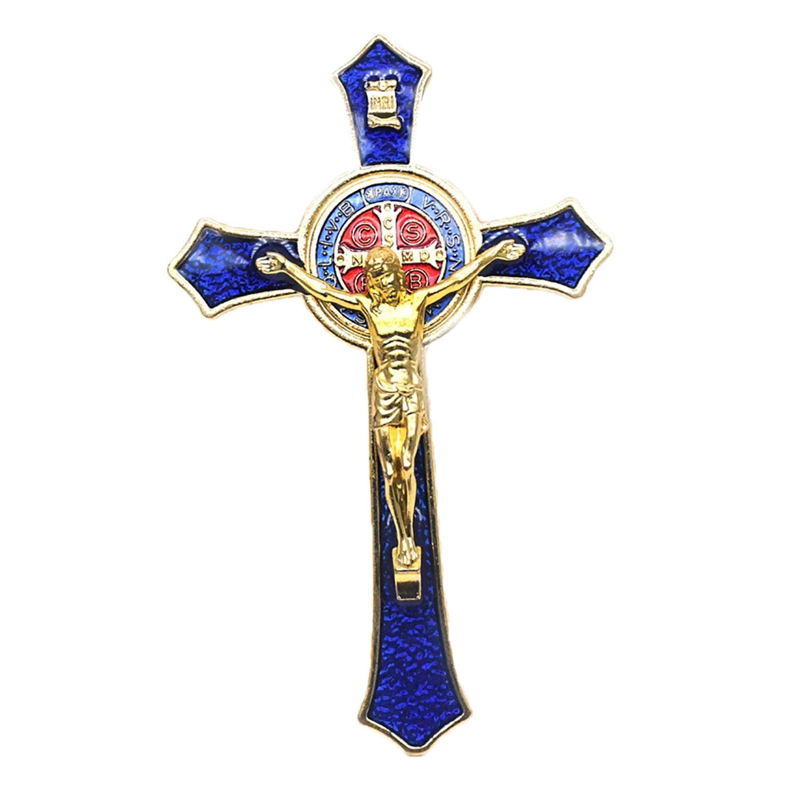 Zinc Alloy Wall Crucifix Cross Jesus Statue Figurine Home Decor Blue, 12x7 cm