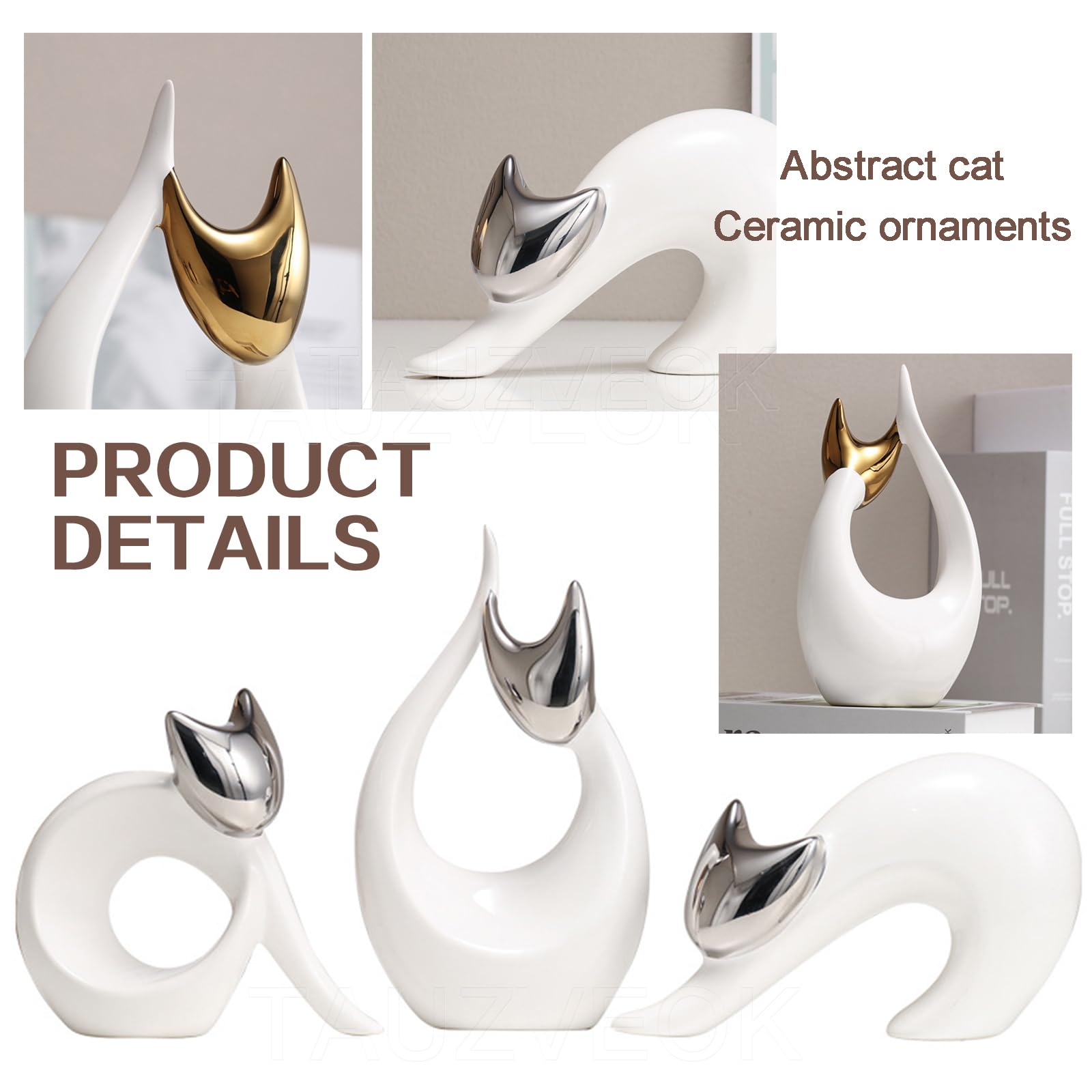 Statua di Gatto, sculture d'Arte Astratta Moderna, Scultura di Gatto per la Decorazione di Soggiorno, Ufficio, Camera da Letto, Ceramica, Gatto Fortunato,Gold Set