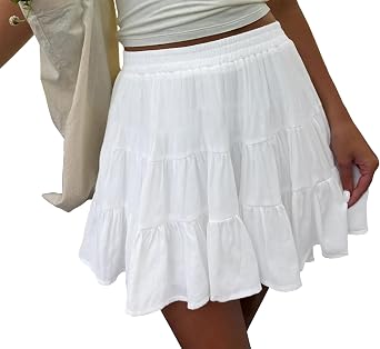 Tsher Womens High Elastic Waist Ruffle Casual Boho A-line Mini Skirts 0328
