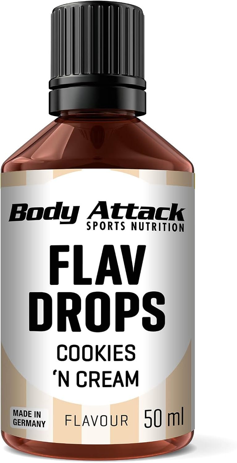 Body Attack Flav Drops®, 50 ml, Cookies'n Cream, krople aromatyczne do żywności, bez cukru, bez kalorii, wegańskie i wysokiej jakości, Made in Germany