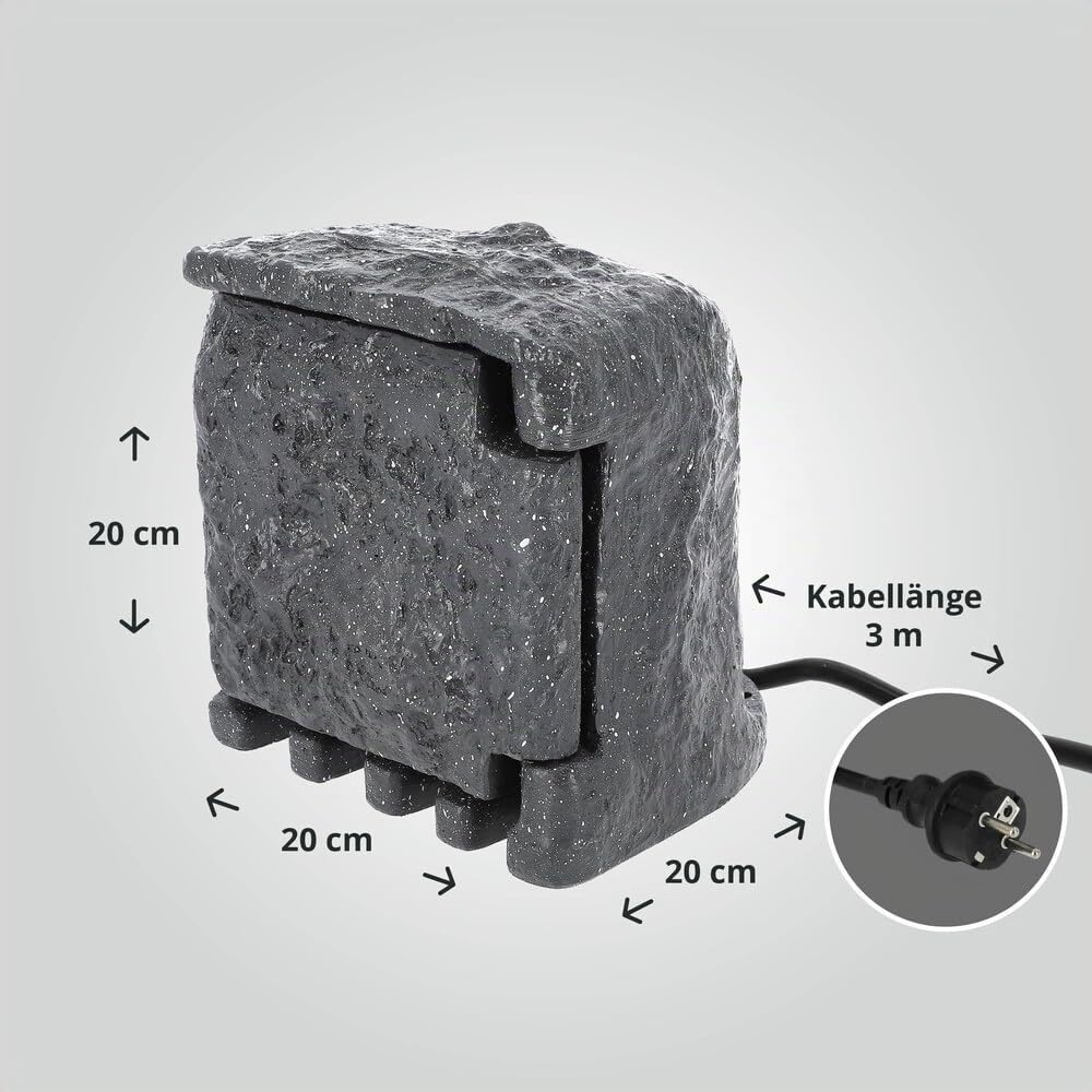 LED Universum - Gartensteckdose Steinoptik grau 3m Zuleitung 3680W max. Gesamtleistung aus witterungsfestem Kundstoff IP44 - Energiestation Energeistein Außensteckdose 20 x 20 x 20cm