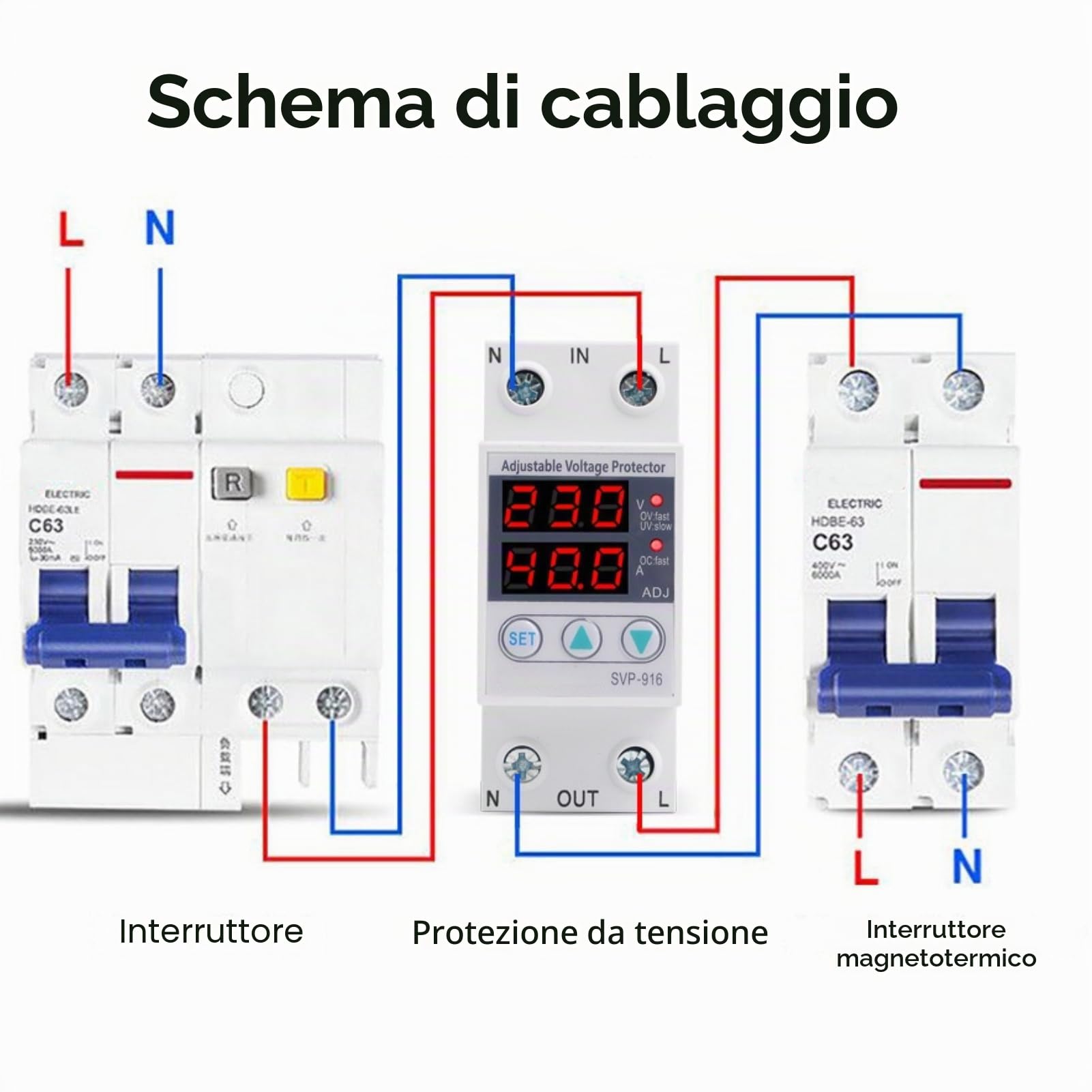 Jadeshay Stabilizzatore di Tensione,Dispositivo di Protezione da Sovratensione Sottotensione Regolabile Monofase Protezione Sovracorrente Relè di Ripristino Automatico con Display LCD AC230V 63A