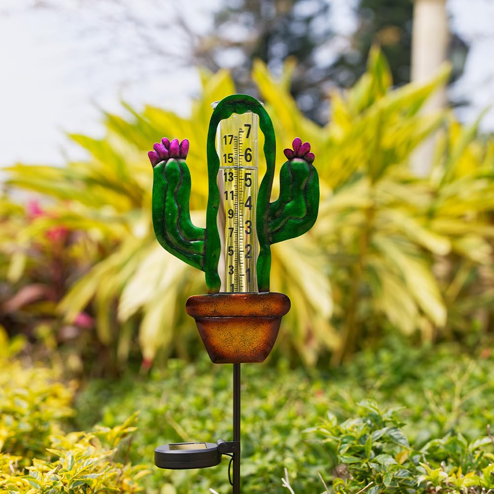 Stargarden Pluviometro solare per esterni, a forma di cactus, a energia solare, 17,8 cm, con paletto in metallo, misura decorativa per prato, patio, cortile, giardino
