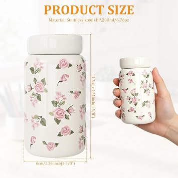 Small Water Bottle with Rose Print,200ml Mini Water Bottle,Double-Wall Vacuum Insulated Small Flask for Hot & Cold Drinks,Portable Leakproof Travel WaterBottles for Handbag,Yoga,Sport,Work(White)