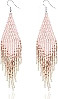 POFILALA Handmade Boho Native Beaded Tassel Earrings - Seed Bead Statement Fringe Drop Dangle for Women