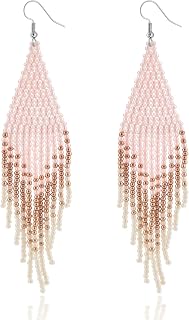 POFILALA Handmade Boho Native Beaded Tassel Earrings - Seed Bead Statement Fringe Drop Dangle for Women