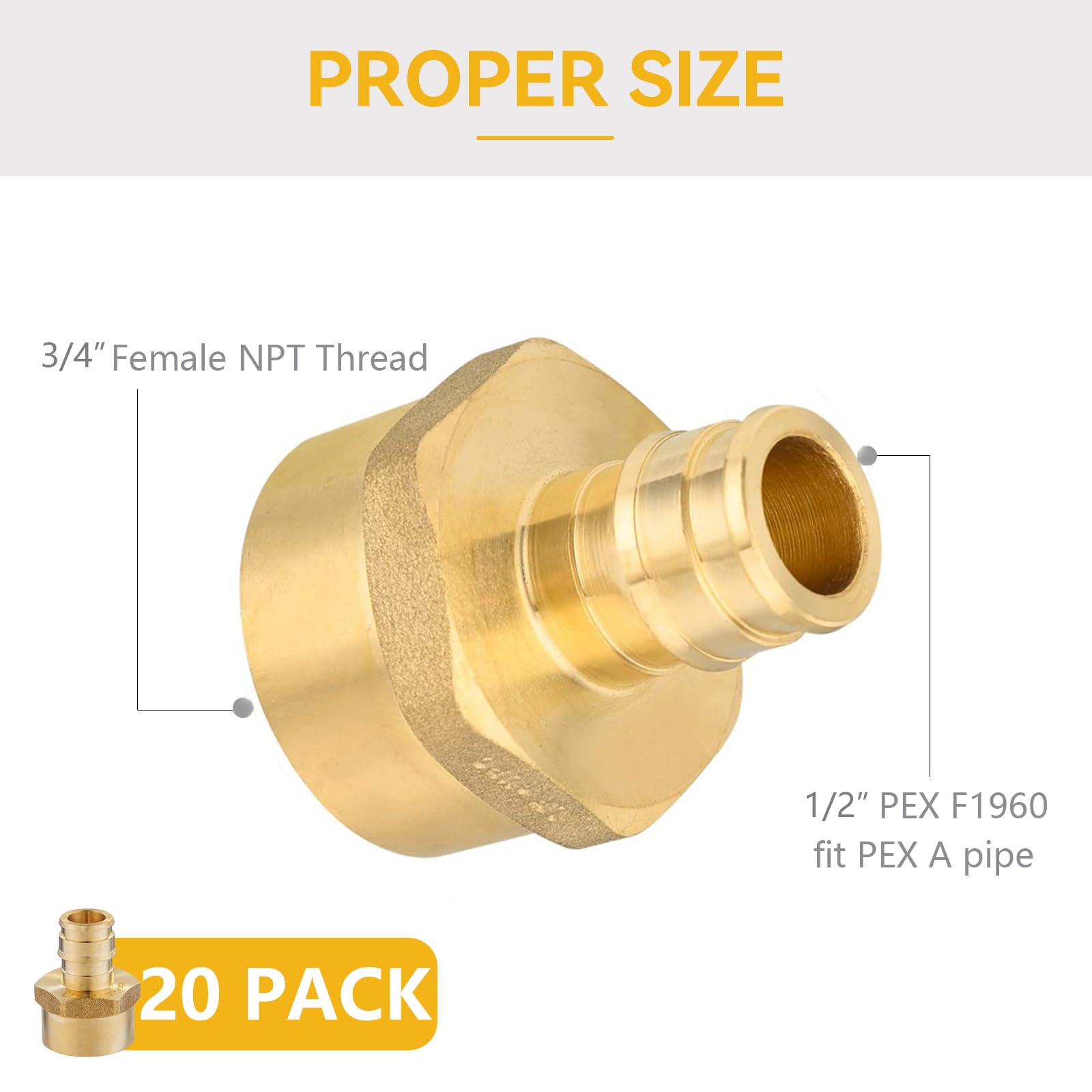 Paquete de 20 accesorios PEX-A, adaptador NPT hembra Pex de 1/2 pulgada x 3/4 pulgadas, accesorios de adaptador roscado hembra de expansión PEX para tubos Pex A, ASTM F1960