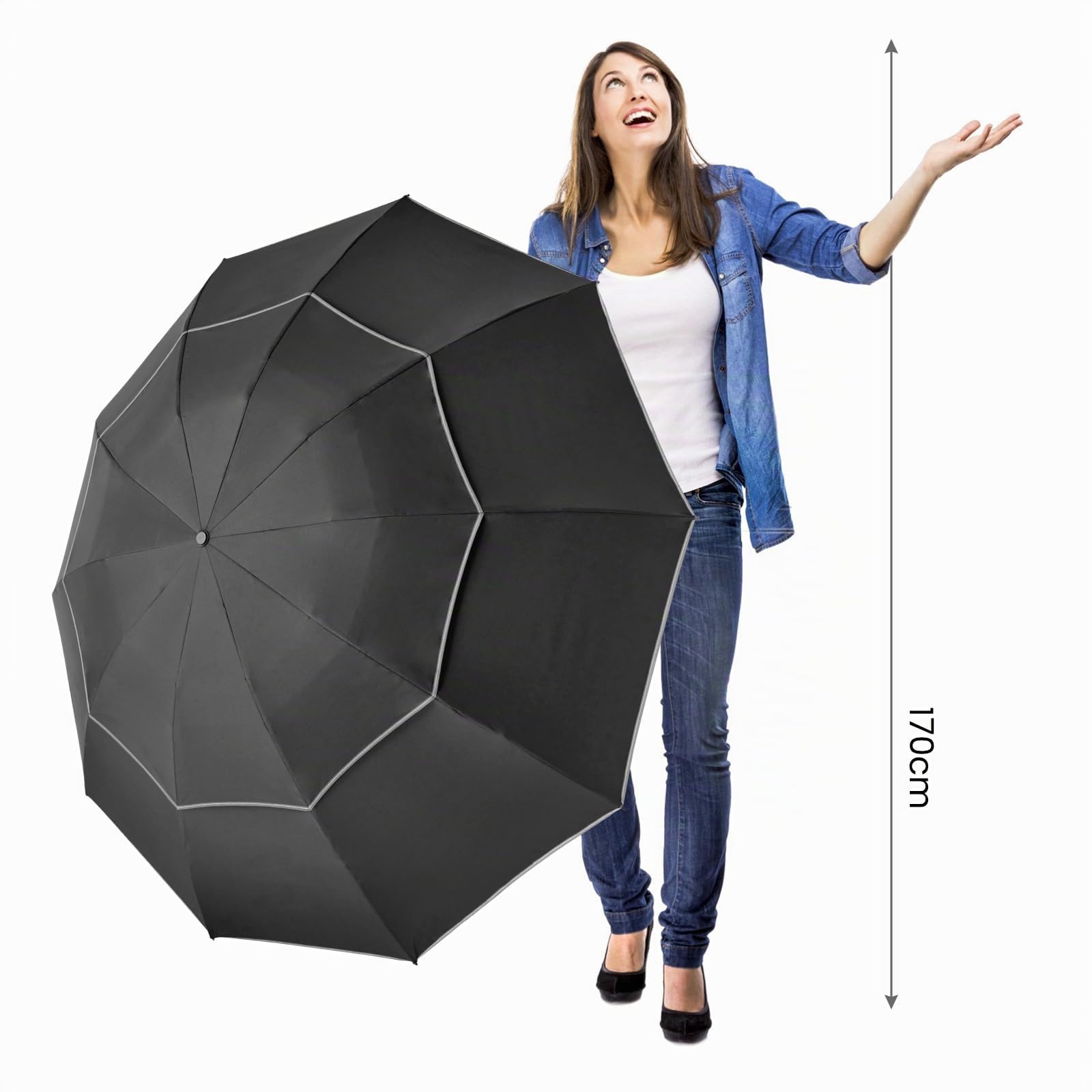 G4Free Ombrello pieghevole da 157 cm, con striscia riflettente, 10 stecche, grande, da viaggio, compatto, invertito, antivento, doppia copertura, apertura automatica e chiusura