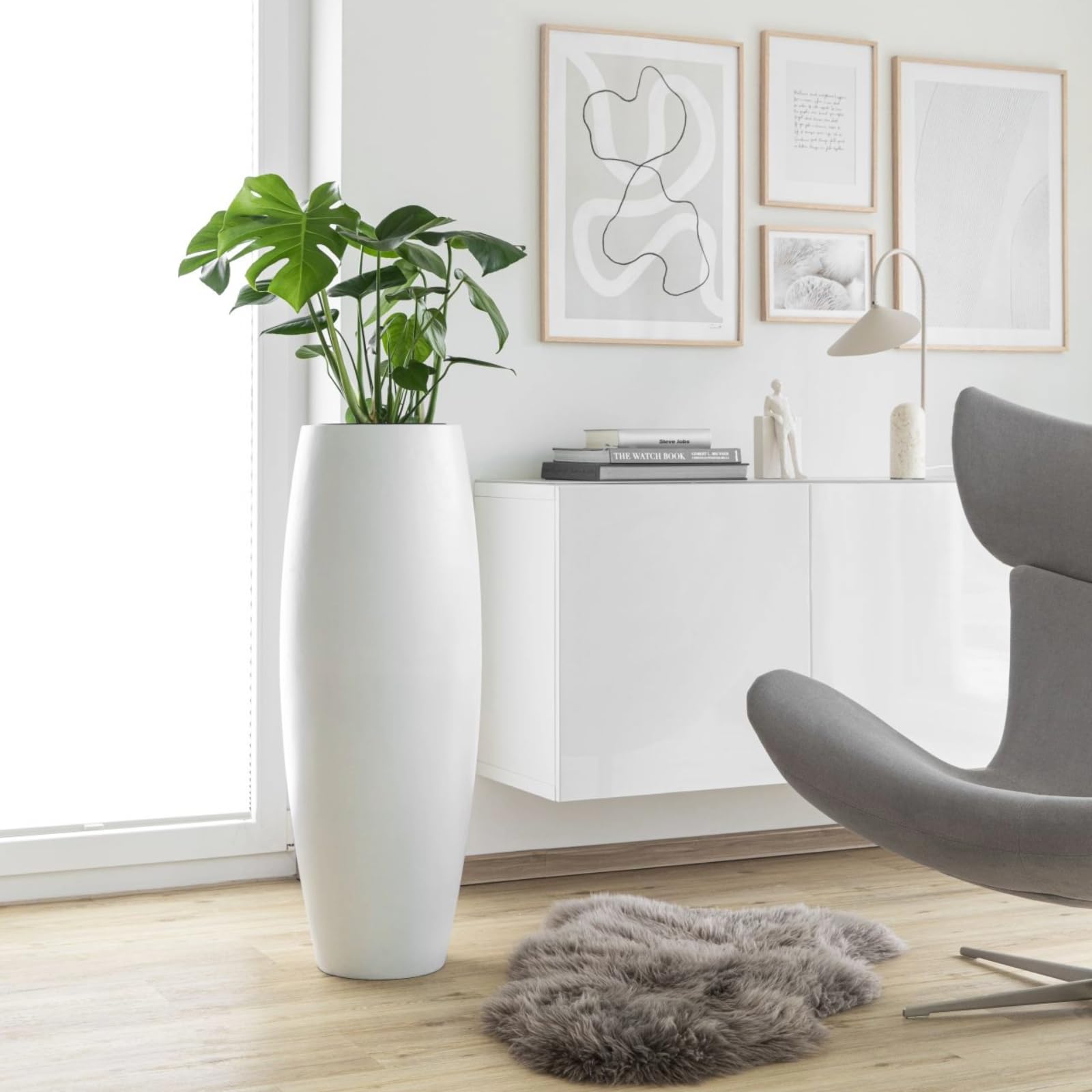 VIVANNO Pflanzkübel Bodenvase Fiberglas Magnum Weiß Matt - 80x23