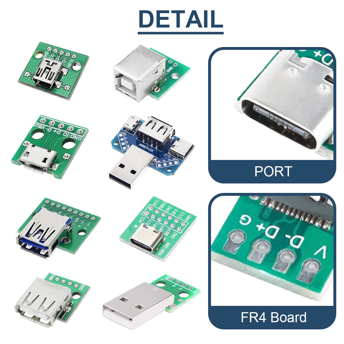 8 Pcs USB to DIP Adapter 2.54mm Type-C / Type-B / 2.0 / 2.0 Male / 3.0 / Micro / Mini / 4 in 1 to DIP Converter Breakout Board With Pin Header