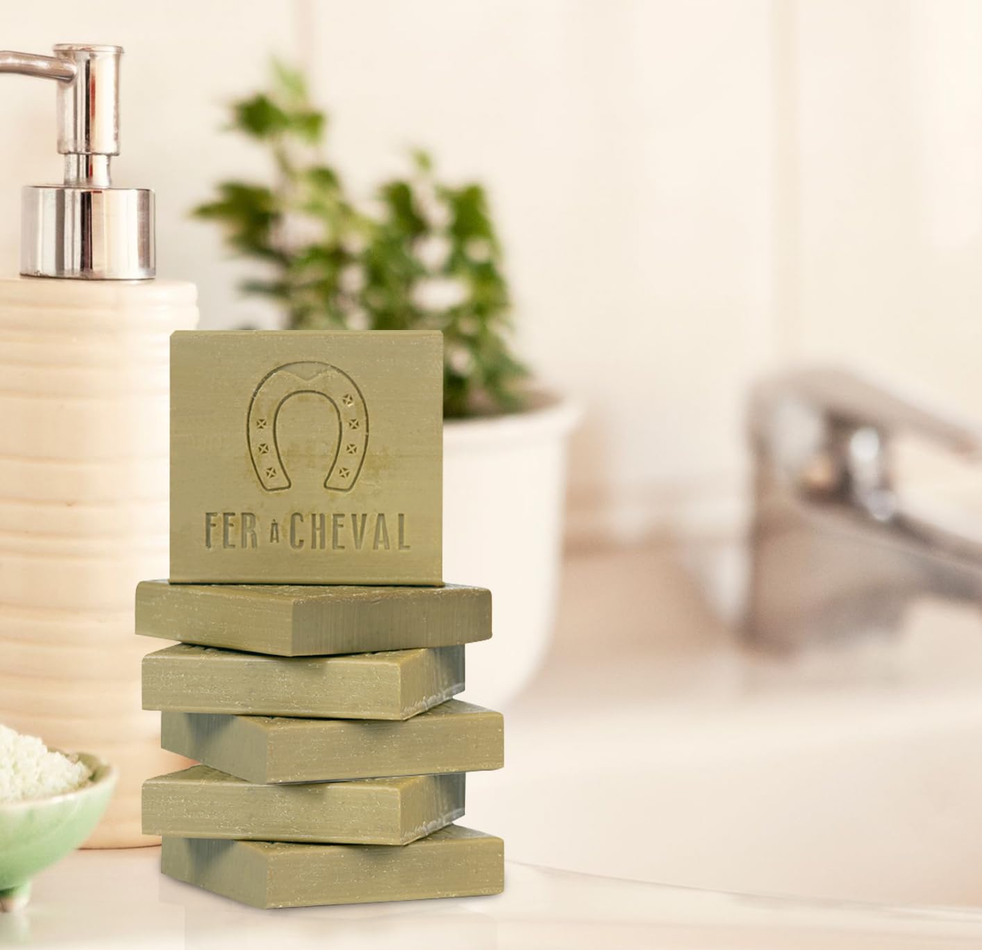 Fer à Cheval Pure Olive Toilet Marseille Soap Bar - Authentic Savon De Marseille, Natural and Hypoallergenic French Olive Oil Soap (6x65g/2.29oz)