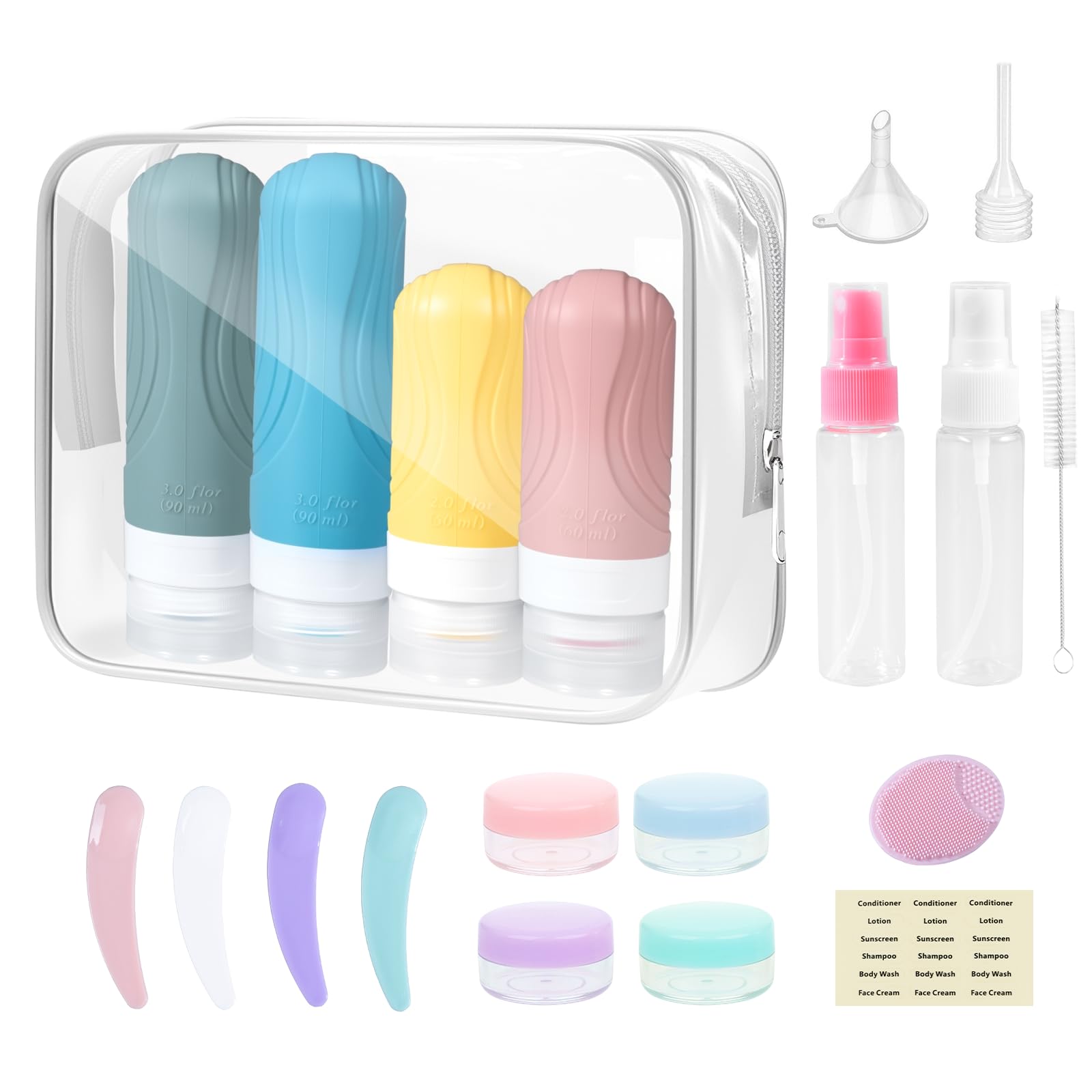 Carehabi 20 Stück Flaschen zum Befüllen set, 90ml+60ml Silikon Reiseflaschen Reisen Flugzeug, 30ml Sprühflasche, Pumpflasche, Kleine Dosen, Travel Gadgetsfür Shampoo Duschgel Kosmetik Flüssigkeiten