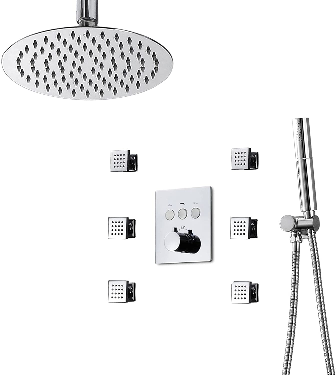 QUSYZD Shower System Thermostatic Shower Faucet Set 10" Round Rain Shower Combo Set, Tub and Shower Trim Kit with 2 Functions Handheld Sprayer and Ceiling Mount Rain Shower,Chrome