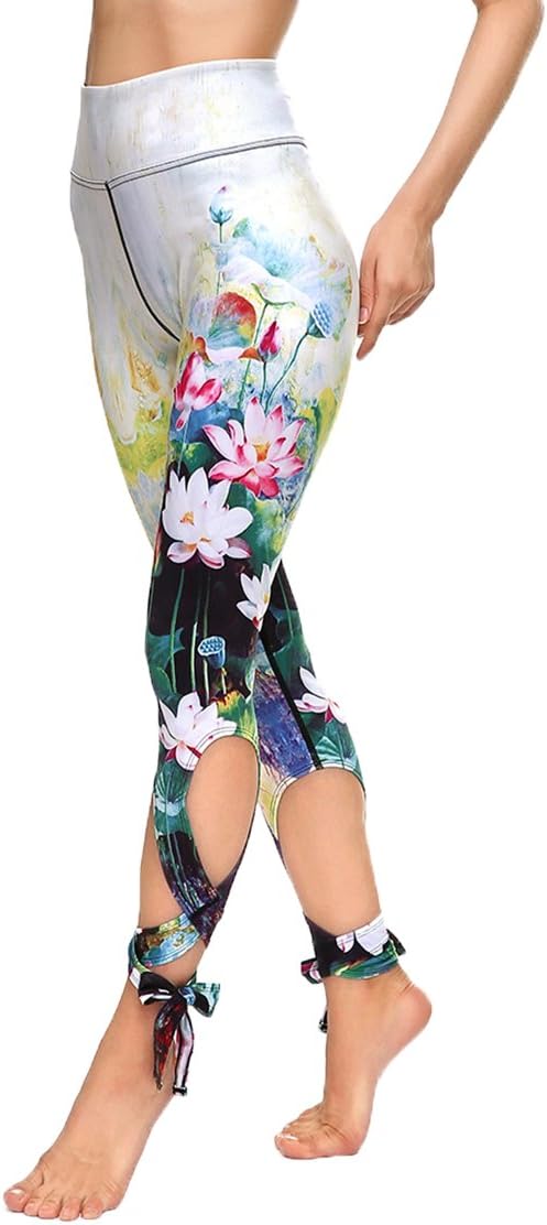 Ladies Lotus Print Active Yoga Run Pants Workout Leggings Grey L