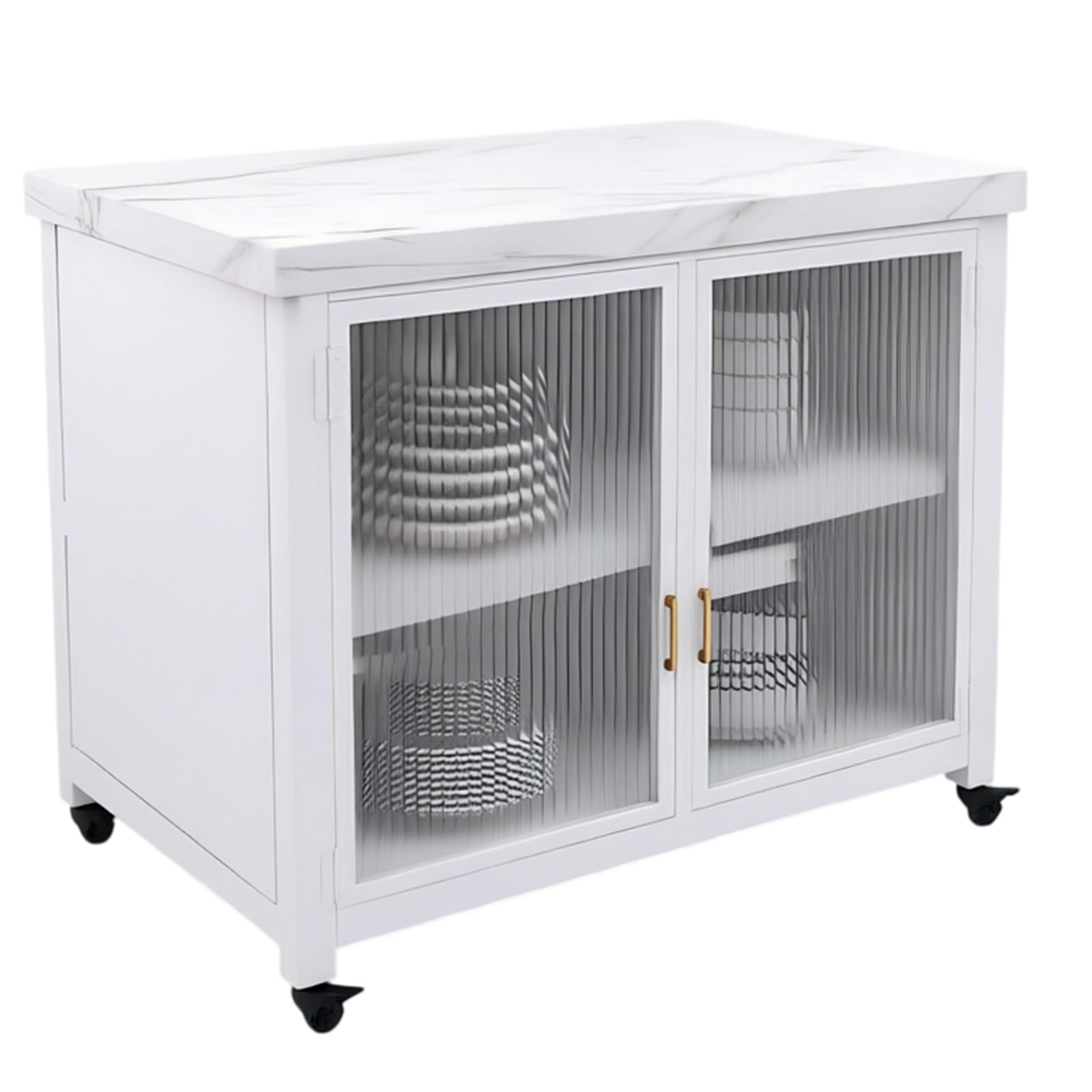 Mobile contenitore per cucina ad isola Armadietto portaoggetti in metallo con isola cucina mobile piano in pietra sinterizzata e anta in vetro scanalato(Bianco,Piccolo)