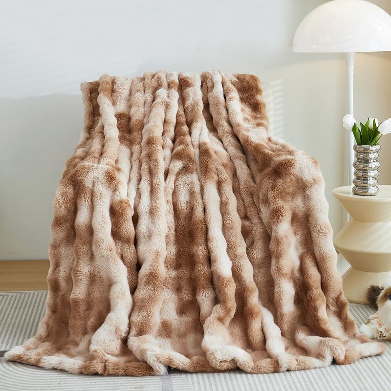 Mingfuxin Luxury Faux Rabbit Fur Throw Blanket, Warm Soft Cozy Plush Fleece Blankets Fluffy Thick Double Layer 1200 GSM Blankets Bed Throws for Living Room Bedroom Sofa Couch Bed