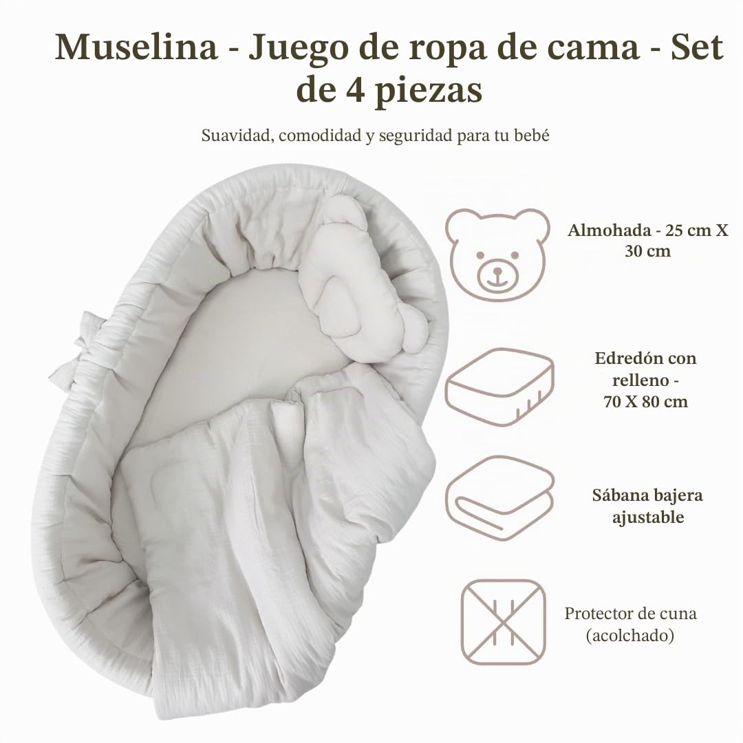 WIKLINOPOL Moisés Bebé con Ruedas y Freno – Cesta de Mimbre Natural con Colchón y Ropa de Cuna de Algodón 100% Oeko-Tex en Beige – Set Completo para Recién Nacidos – Modelo Amelia