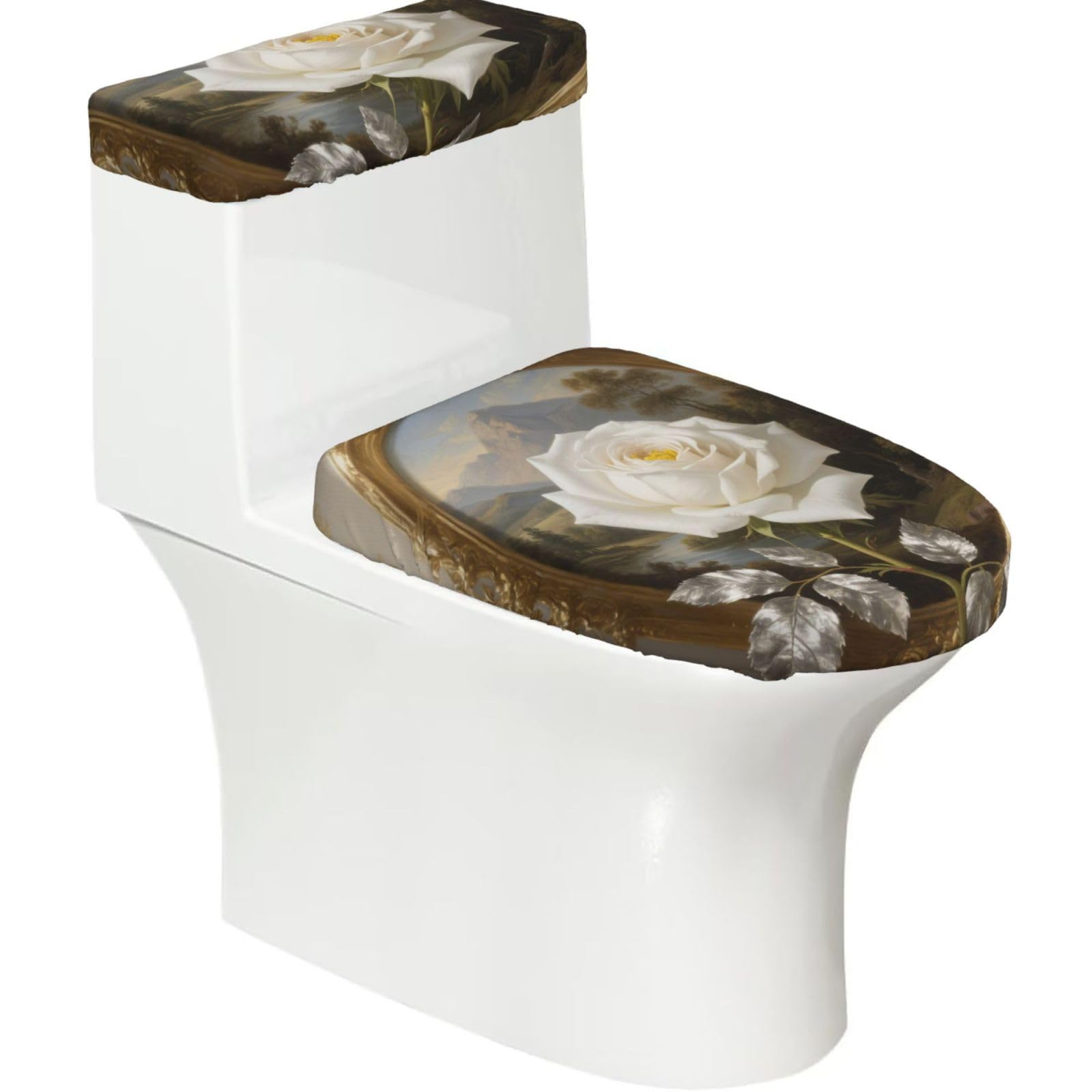 FekiLoot White Rose Toilet Lid Cover and Toilet Tank Cover Set of 2,Dust Splash Resistant Toilet Top Covers Soft Washable Toilet Lid Seat Cover for Bathroom Office Home Decor