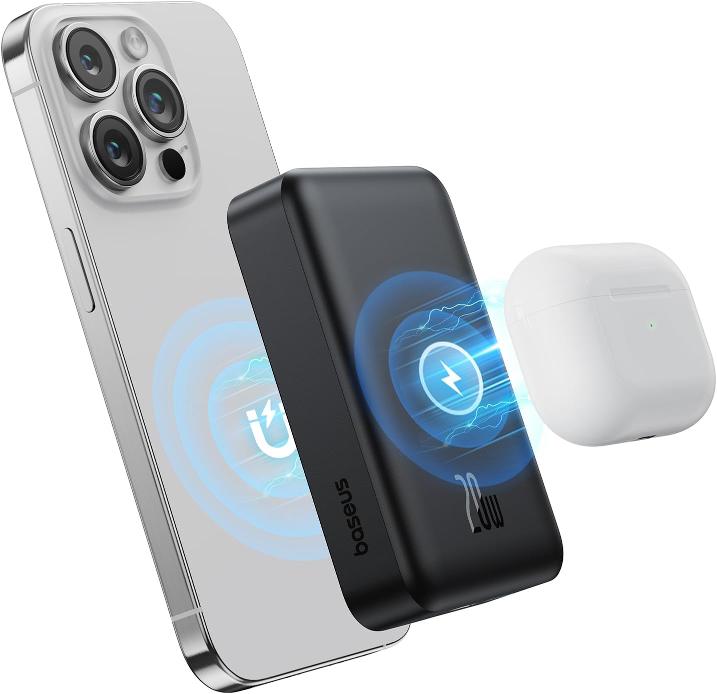 Baseus 20000mAh Oofa Batiri, PD 20W Ṣaja Ṣaja Agbara Agbara, Alailowaya Agbara Agbara Alailowaya pẹlu USB-C Cable, fun MagSafe, fun iPhone 15141312 Series ati AirPods 32Pro