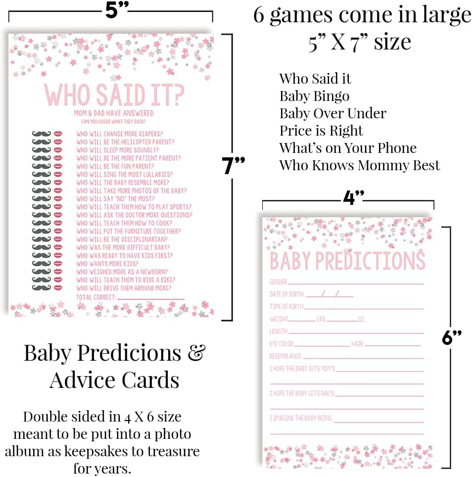 Amanda Creation Baby Shower Games 8 Game Set Pink & Silver Twinkle Little Star Girl 80 Double-Sided Cards for 20 Guests. Baby Shower Bingo, Baby Predictions & Activities for Guests. Theme for Girl