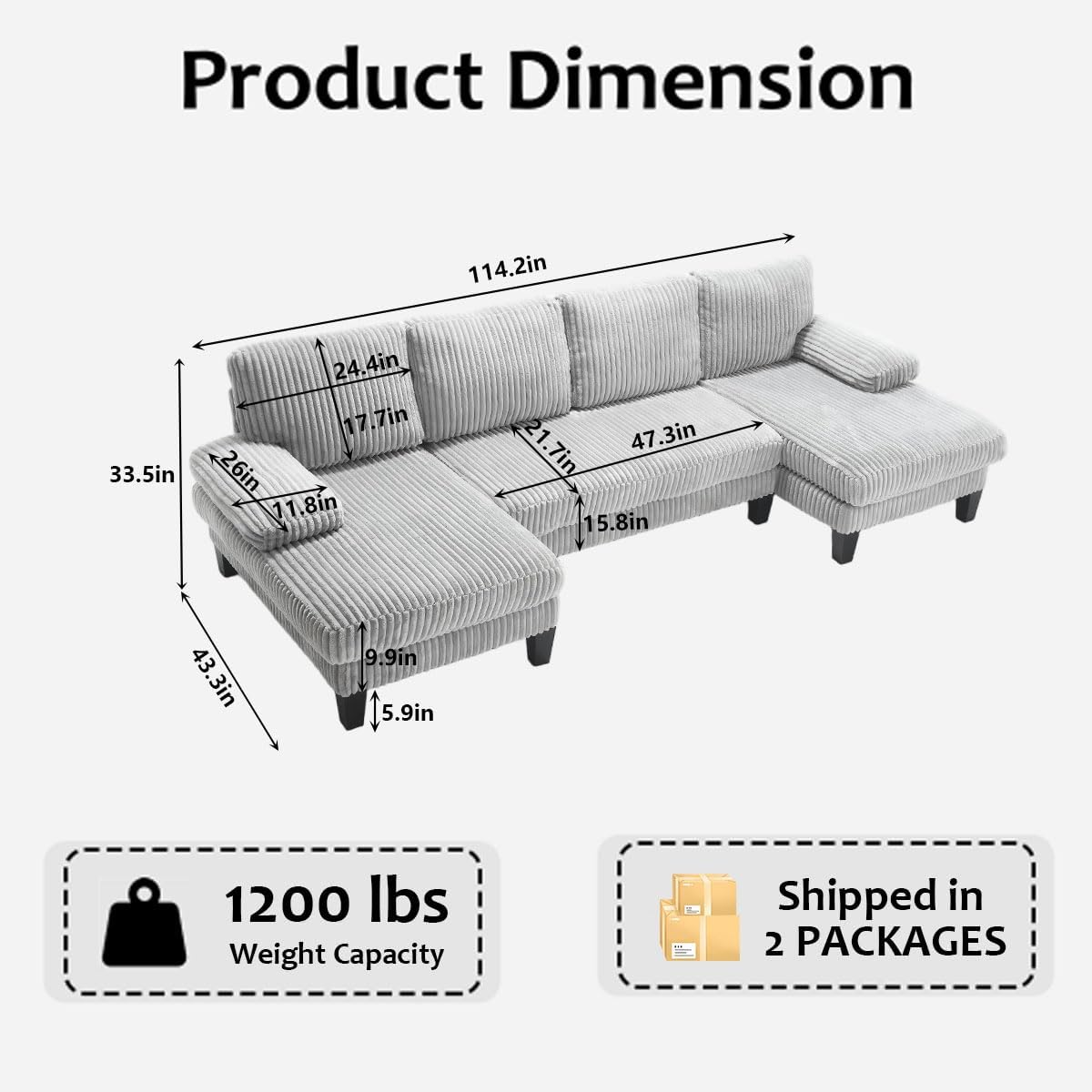 U Shaped Couch, 4-Seat Sectional Sofa with Double Chaise, Oversized Corduroy Cloud Couch for Living Room, Apartment, Gray