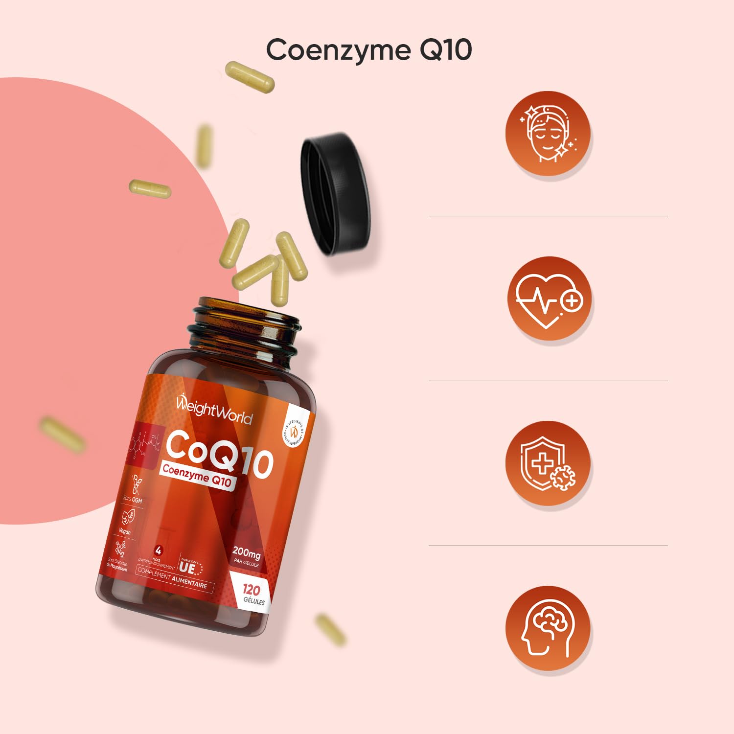 Coenzyme Q10 200mg, 120 Gélules Vegan, Ubiquinone CoQ10 Précurseur de l'Ubiquinol Q10 Coenzyme sans Gluten et sans Stéarate de Magnésium, pour 4 Mois d'Approvisionnement