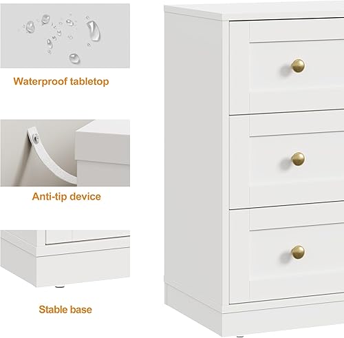 Miniatura 5 de RoyalCraft Cómoda Moderna de 3 Cajones, Mesita de Noche Blanca y Dorada para Dormitorio, Pequeña Cómoda de Cajones, Mesa Auxiliar con