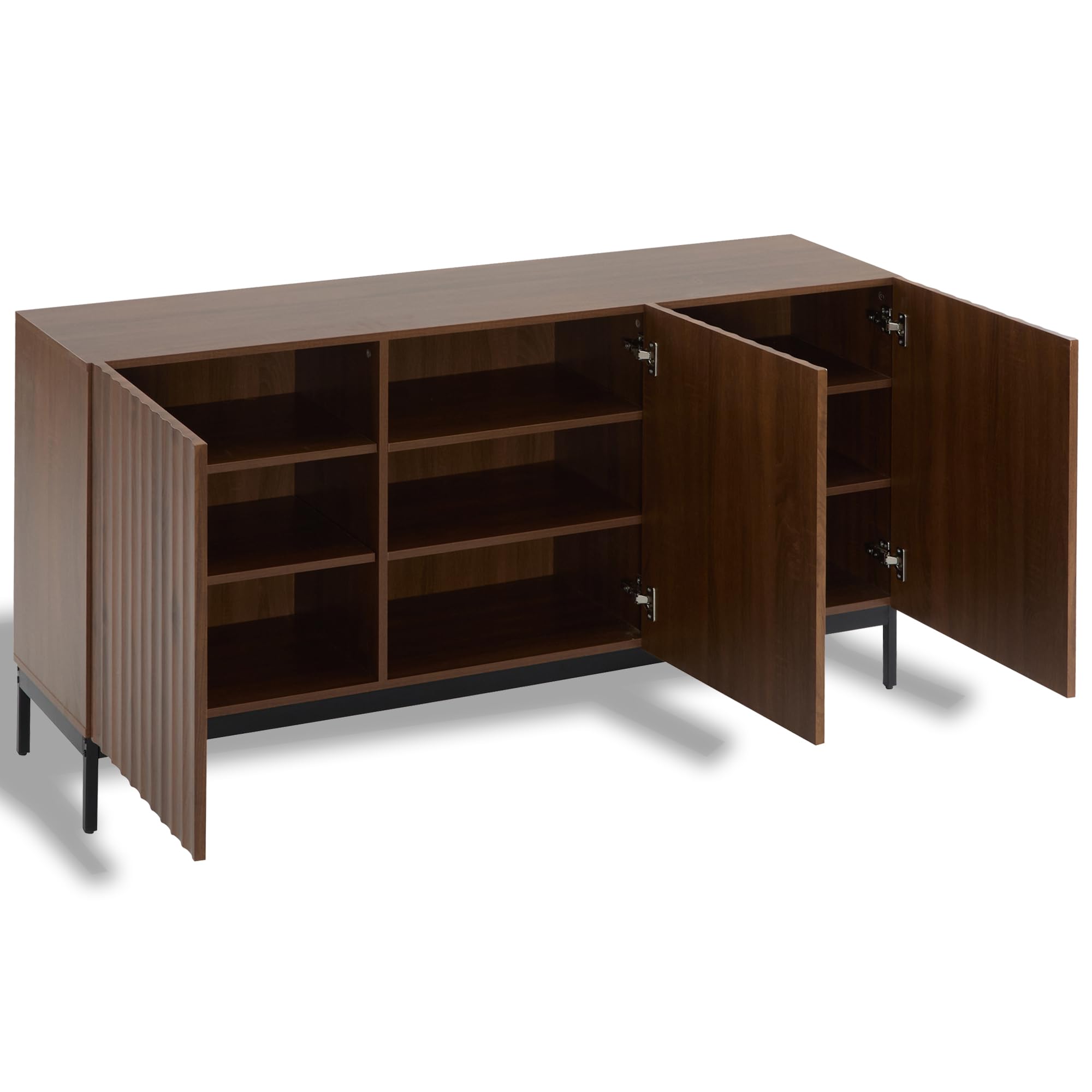 150x40x80cm, aparador en roble oscuro, mueble decorativo moderno de mediados de siglo, 3 puertas, diseño ondulado, estantes ajustables, elegante mueble contenedor para salón, comedor, oficina