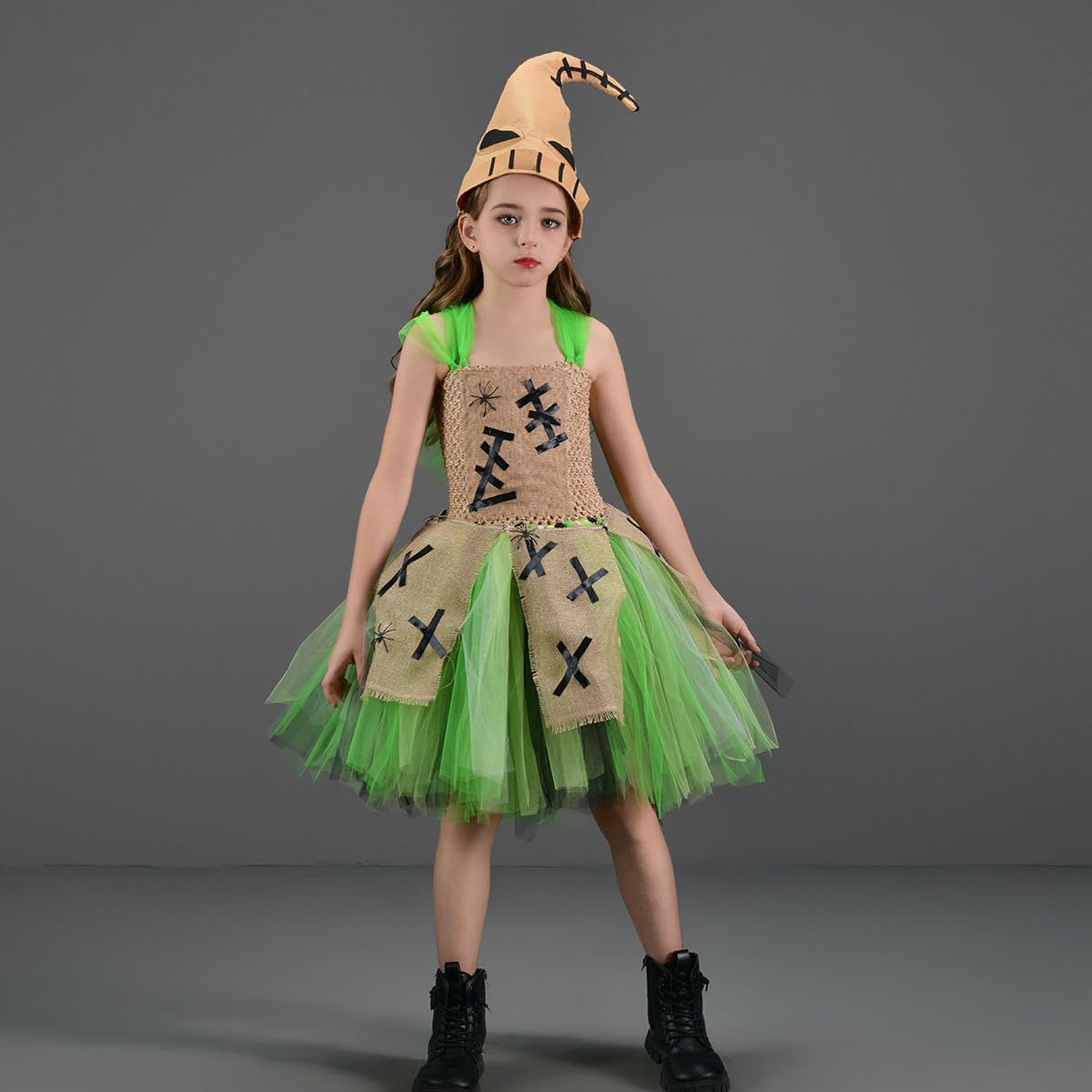 IBAKOM Halloween Costume Girls Princess Dress Nightmare Ruffle Tulle Dress and Skeleton Hat Fancy Dress Costume for Kid Girls Green S/2-3Y - Image 4