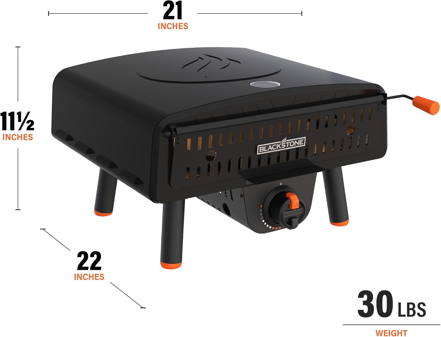 Diagram showing the dimensions of the Blackstone Leggero Tabletop Pizza Oven: 21 inches wide, 11.5 inches high, 22 inches deep, and 30 lbs weight.