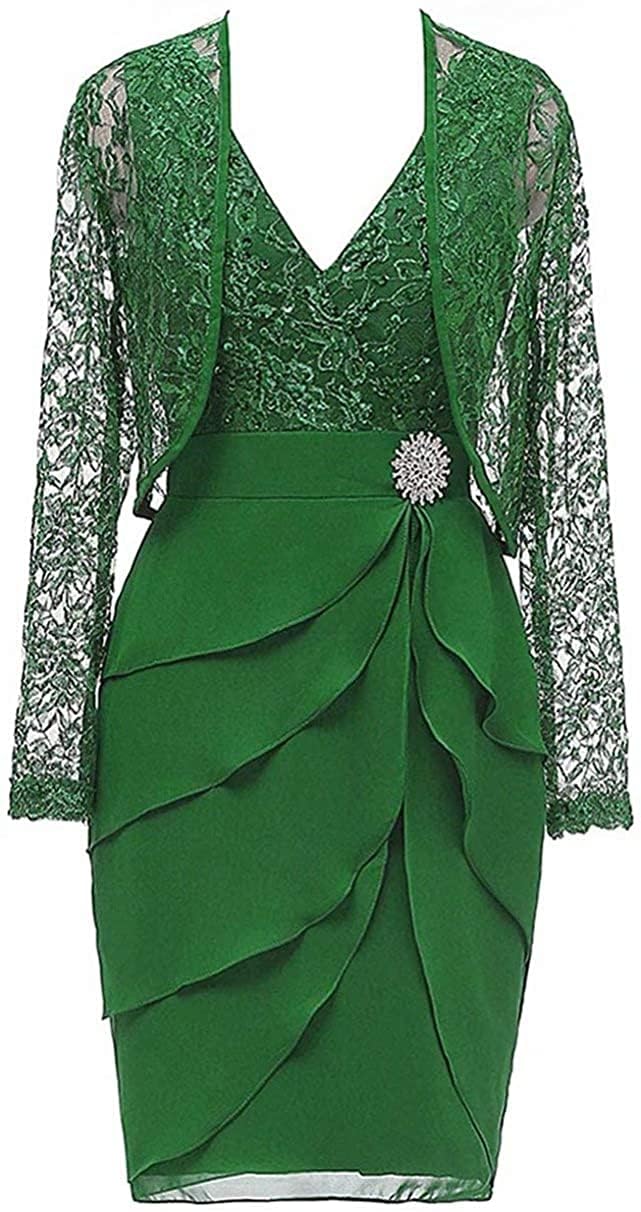 Wseyu Women's Dark Green Mother Of The Bride Groom Dresses With Jacket Lace Long Sleeve Evening Formal Prom Gowns For Wedding Zm047 Uk14