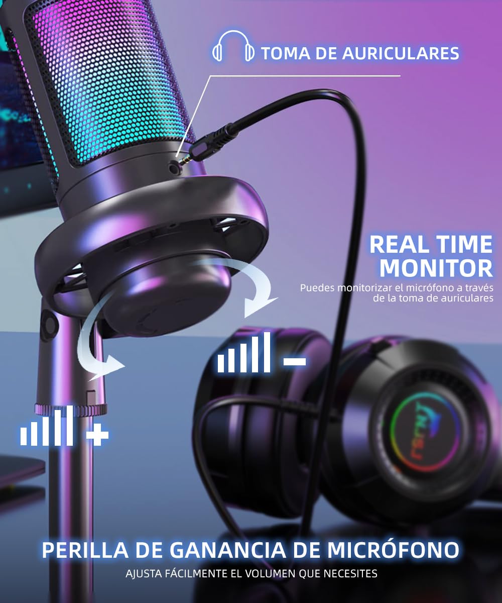 Microfono da gioco TAIMEI, microfono RGB per PC con cancellazione del rumore e silenzio, per streaming, giochi, podcast, YouTube, TikTok, computer, cellulare
