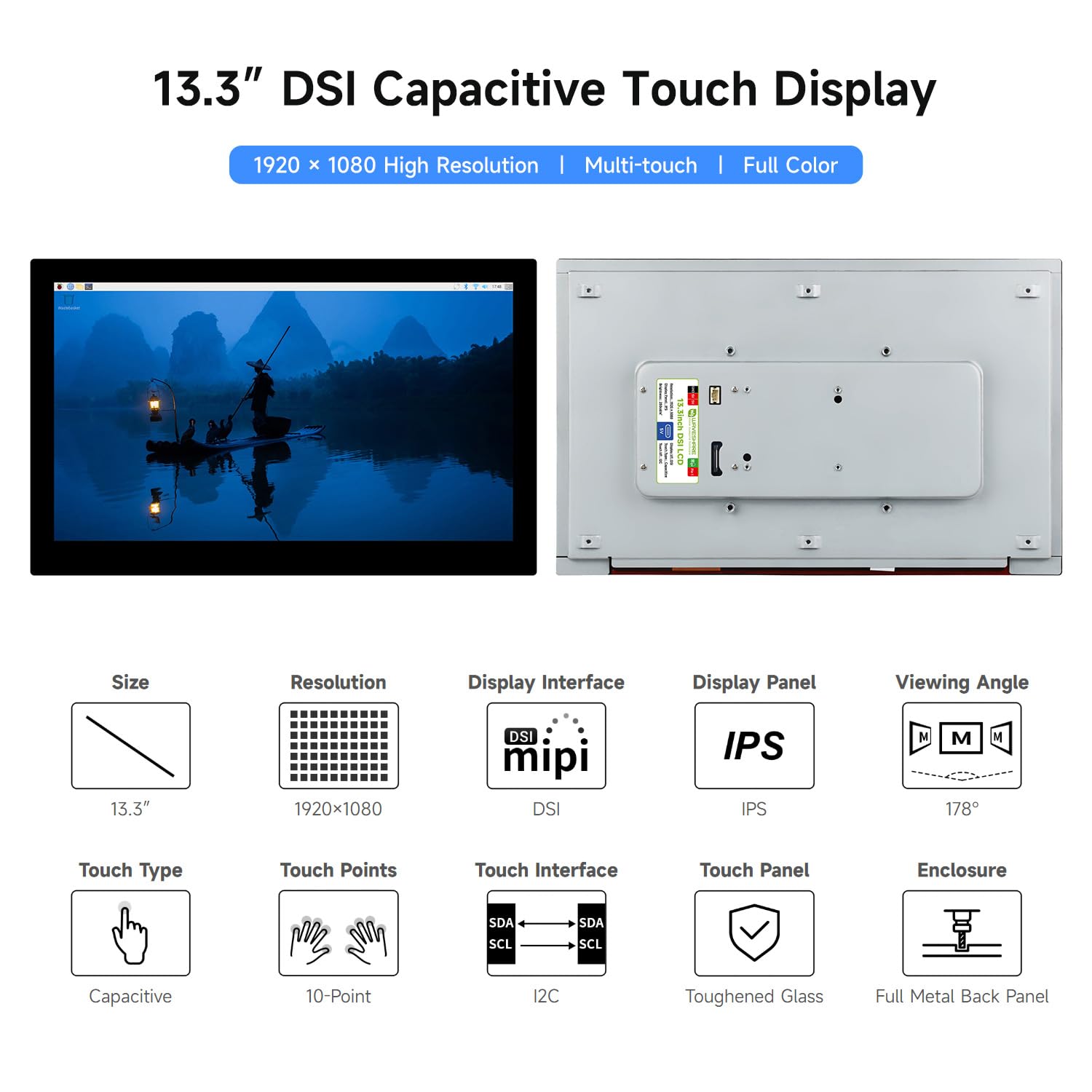 Waveshare 13.3inch High Resolution DSI Capacitive Touch Display for Raspberry Pi 5 / 4B / CM4 IO Board, 1920x1080, IPS, Toughened Glass Panel, DSI Interface, 10-Point Touch, Full Metal Back Panel