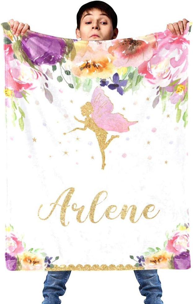 Fairy Purple Floral Personalized Receiving Baby Blankets for Girls with Name,Customized Swaddle Blankets Gift for Newborn Crib Infants 30x40 Inches