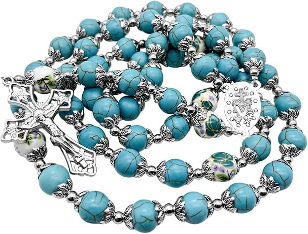 Nazareth Store Catholic Turquoise Marble Beads Rosary Flowers Beaded Necklace Miraculous Medal Cross Crucifix Silver Tone Rosaries in Velvet Bag