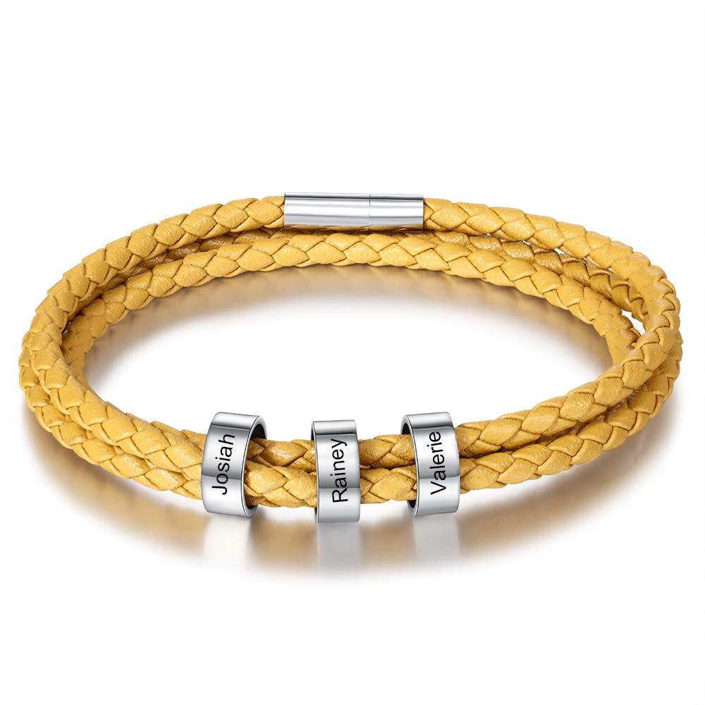 DaMei Personalizada Pulseras para Hombre Cuero con Nombre para Familia Pareja Brazalete Plata Hombre Mujer Pulsera de España - Ideas Regalo para Hombre da Cumpleaños Aniversario (Yellow)