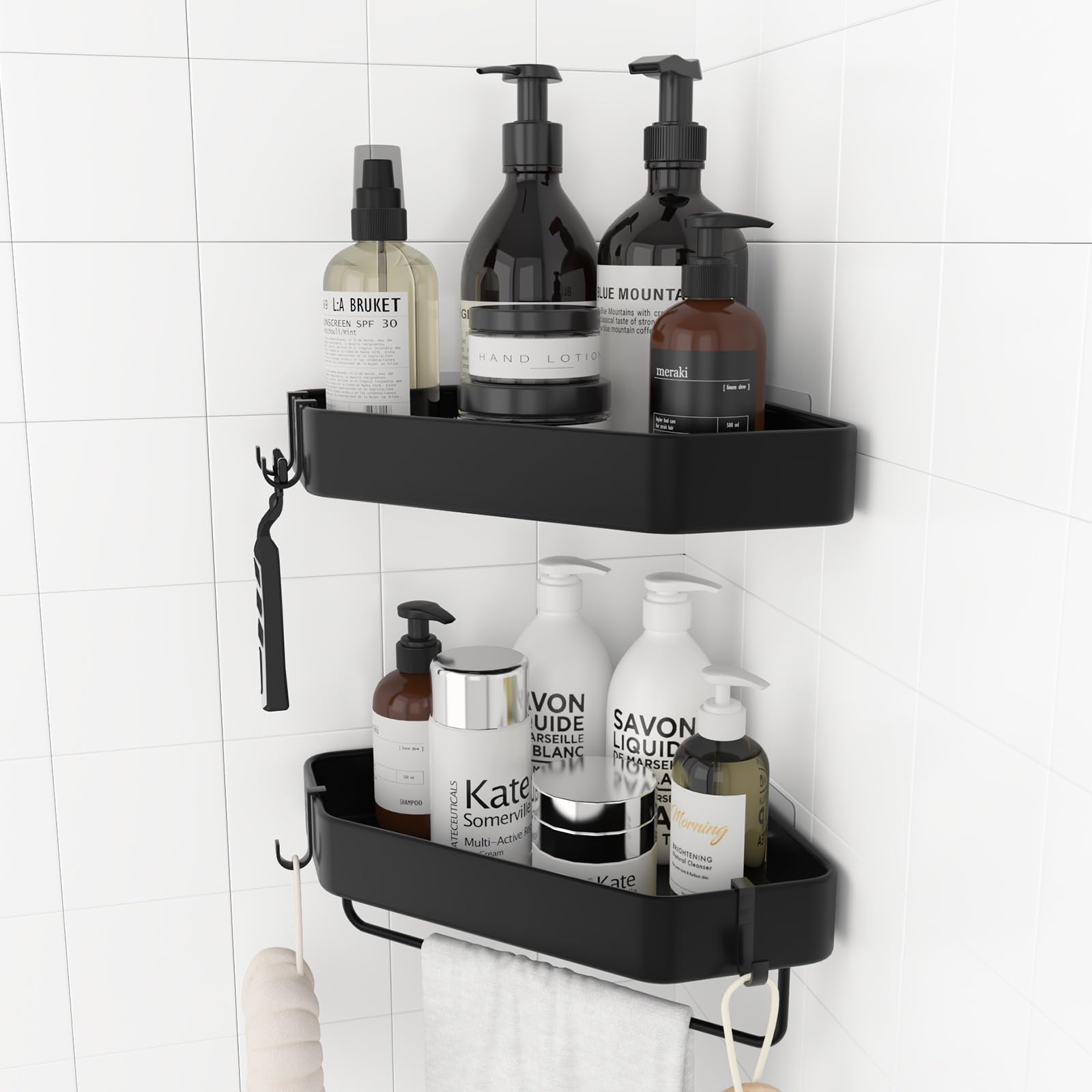Big Lighting Deals Corner Shower Shelf 2-Pack Larger Adhesive Shower Corner Caddy for Inside Shower with Hooks and
