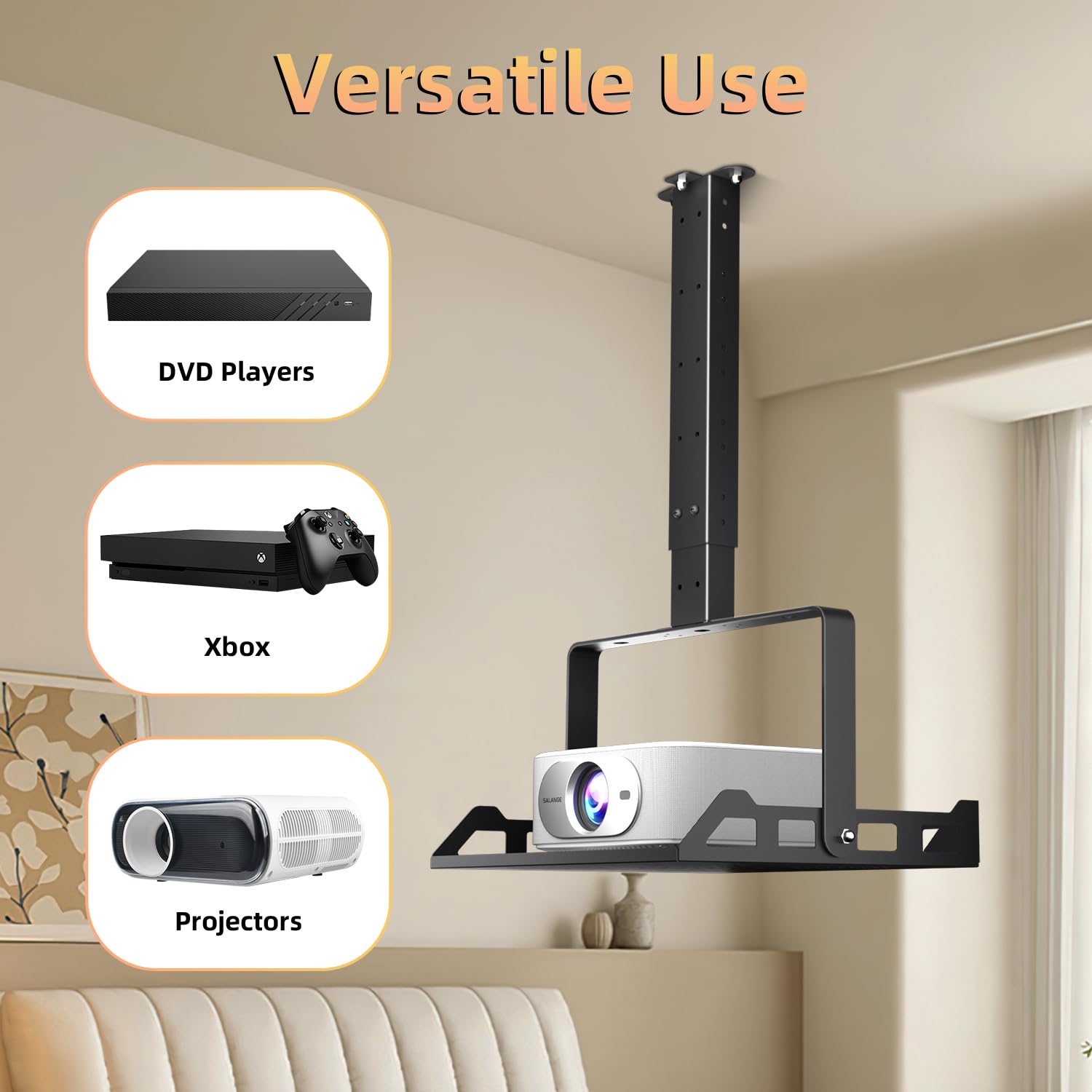 Salange Soporte de techo extensible para proyector con bandeja, estante universal 3 en 1 para proyector de techo y pared, soporte inclinable de 45 ° para hogar, oficina, escuela