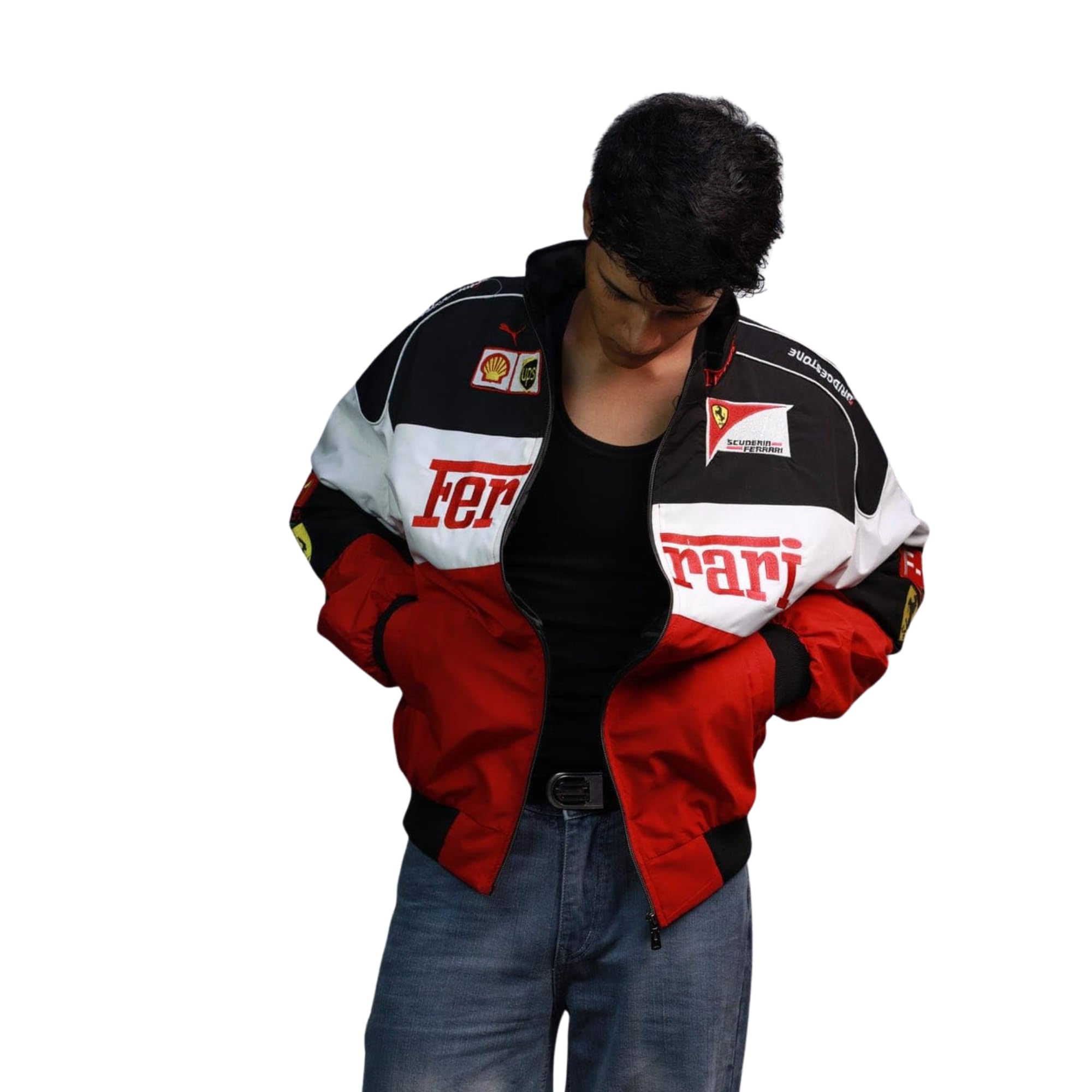WesternVibe F1 Men's Color Block Bomber Jacket with Full Zip Closure Lightweight Windcheater Casual Streetwear Jacket Ribbed Cuffs Stand Collar Regular Fit Winter Outerwear Red Black White-picture-40