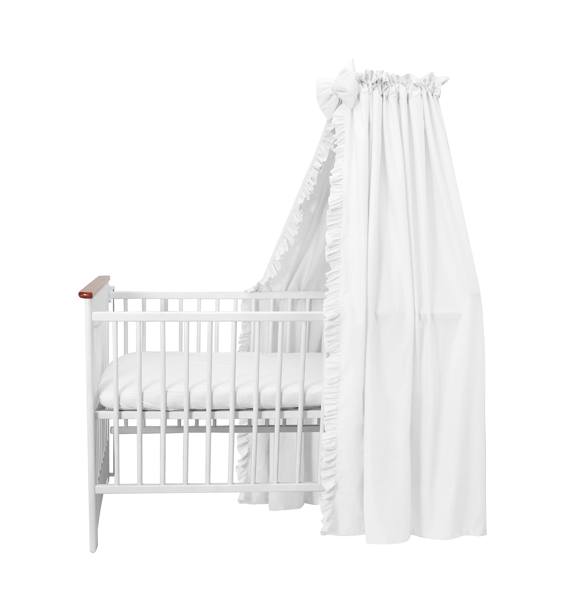 balbina Baldachin 100% Baumwolle, Deko-Set für Kinderbett, Betthimmel mit Rüsche & Schleife, Moskitonetz für Babyzimmer, Undurchsichtiger Bettvorhang ohne Himmelstange, 240 x 165 cm, Weiß