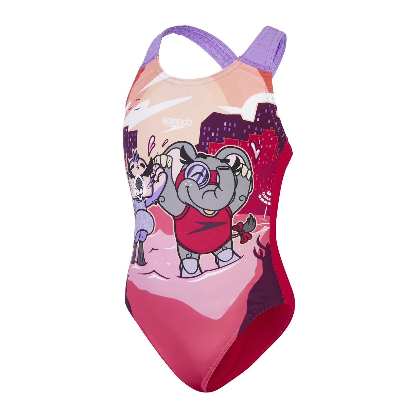 Speedo Girls Learn to Swim Printed Crossback Swimsuit | Chlorine Resistant | Recycled Fabric | Stretchy Fabric Swimwear, Cherry Pink/Cupid Coral/Sweet Taro, 9-12M
