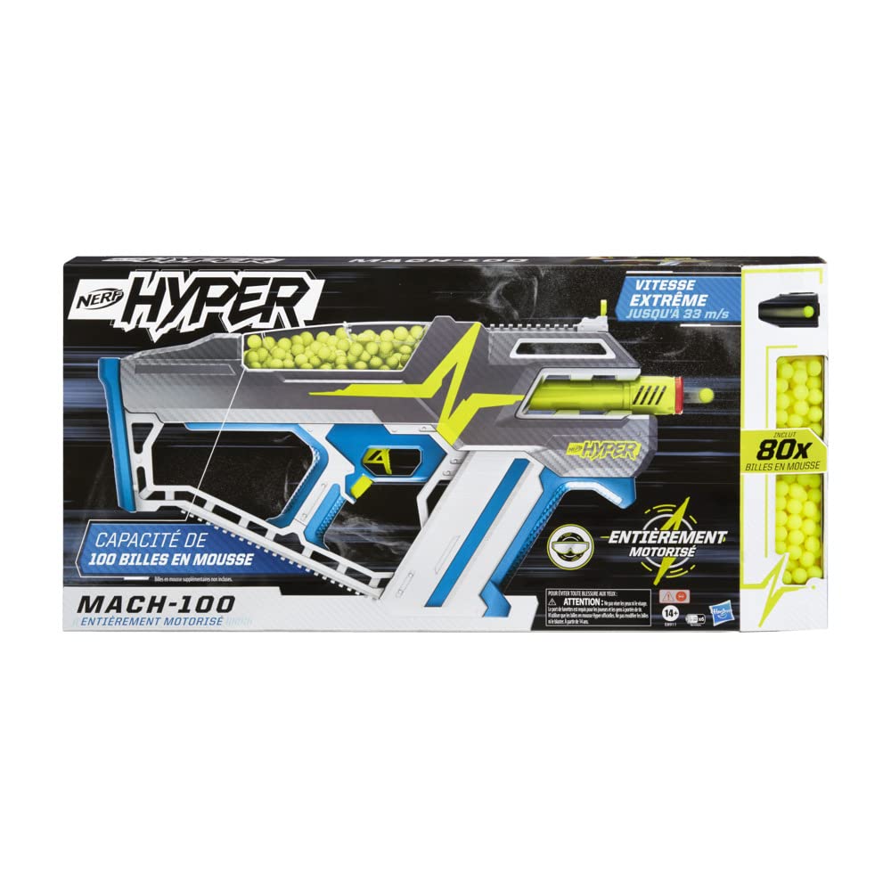 Nerf Hyper, Blaster motorisé Mach-100, 80 Billes en Mousse Nerf Hyper, Lunettes, Vitesse de 33 m/s, Recharge Facile, capacité de 100 Billes, L