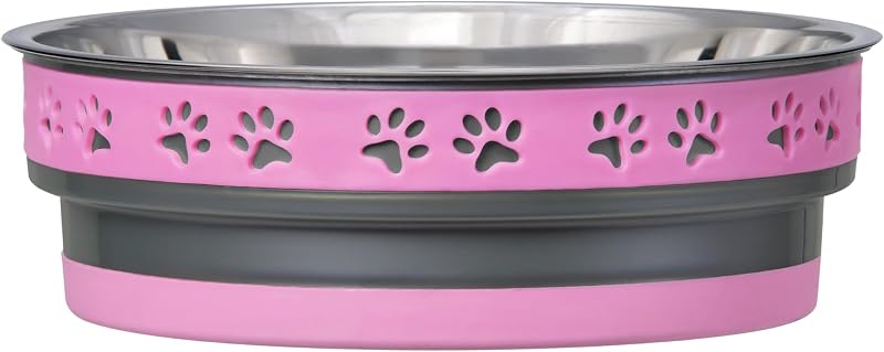 Tigela para Cães e Gatos Loving Pets Corsa em Aço Inoxidável com Base de Borracha, Fiery Pink, Pequena (para pets de 4,5 a 9,1 kg)