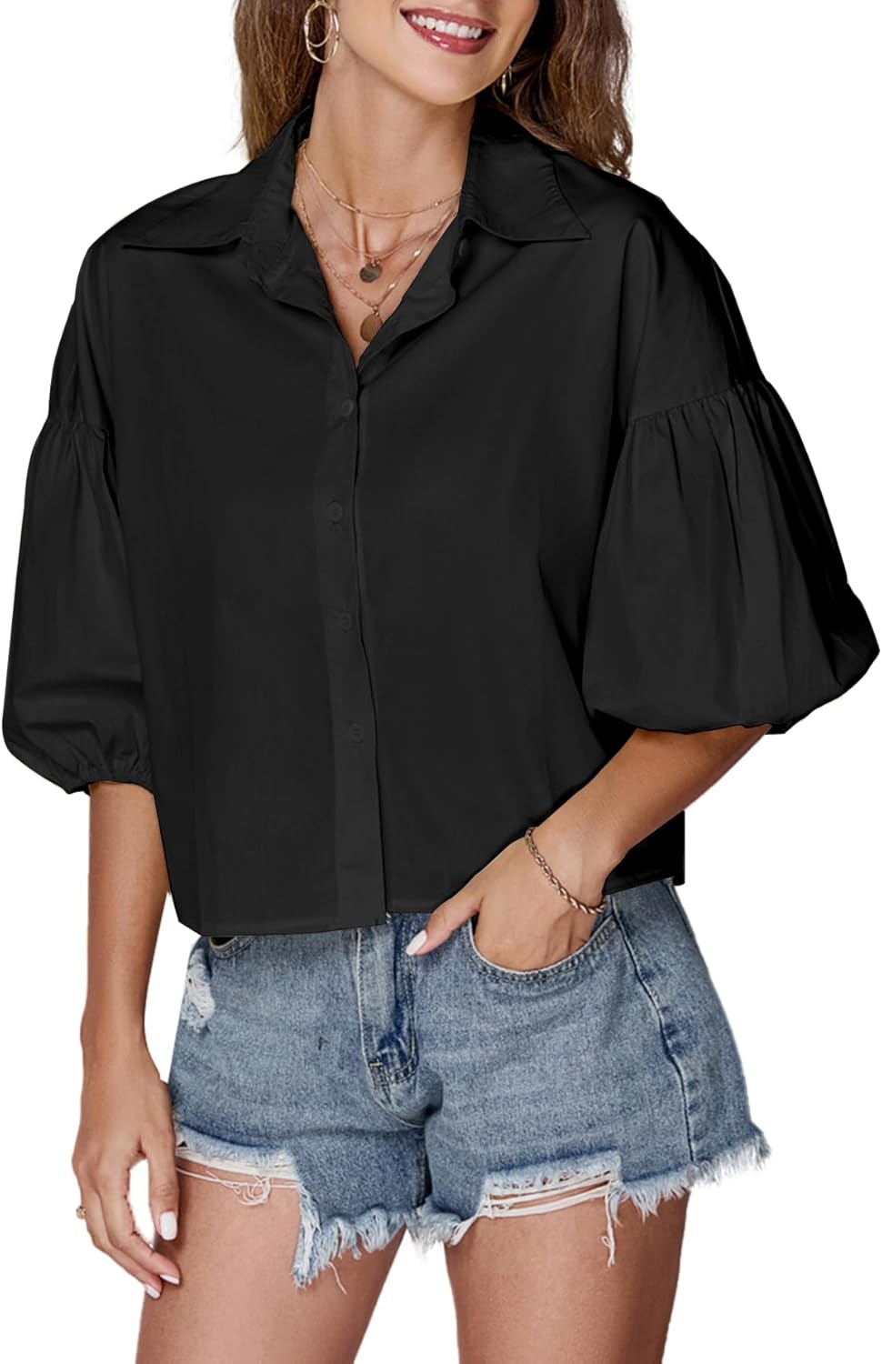 LYANER Women's Collar V Neck Button Down Lantern Short Sleeve Blouse Crop Top Shirt - Image 4
