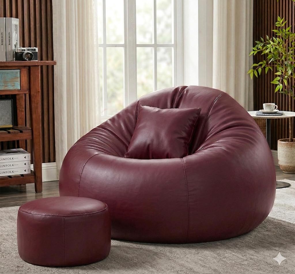 Sattva Classic 6XL Sofa Style Bean Bag Chair with Beans Filled | Faux Leather Bin Bags Sofa Combo with Footstool & Cushion | Large Beanbags for Adults, Home & Office | Pre-Filled Beans Bag - Maroon-image-36