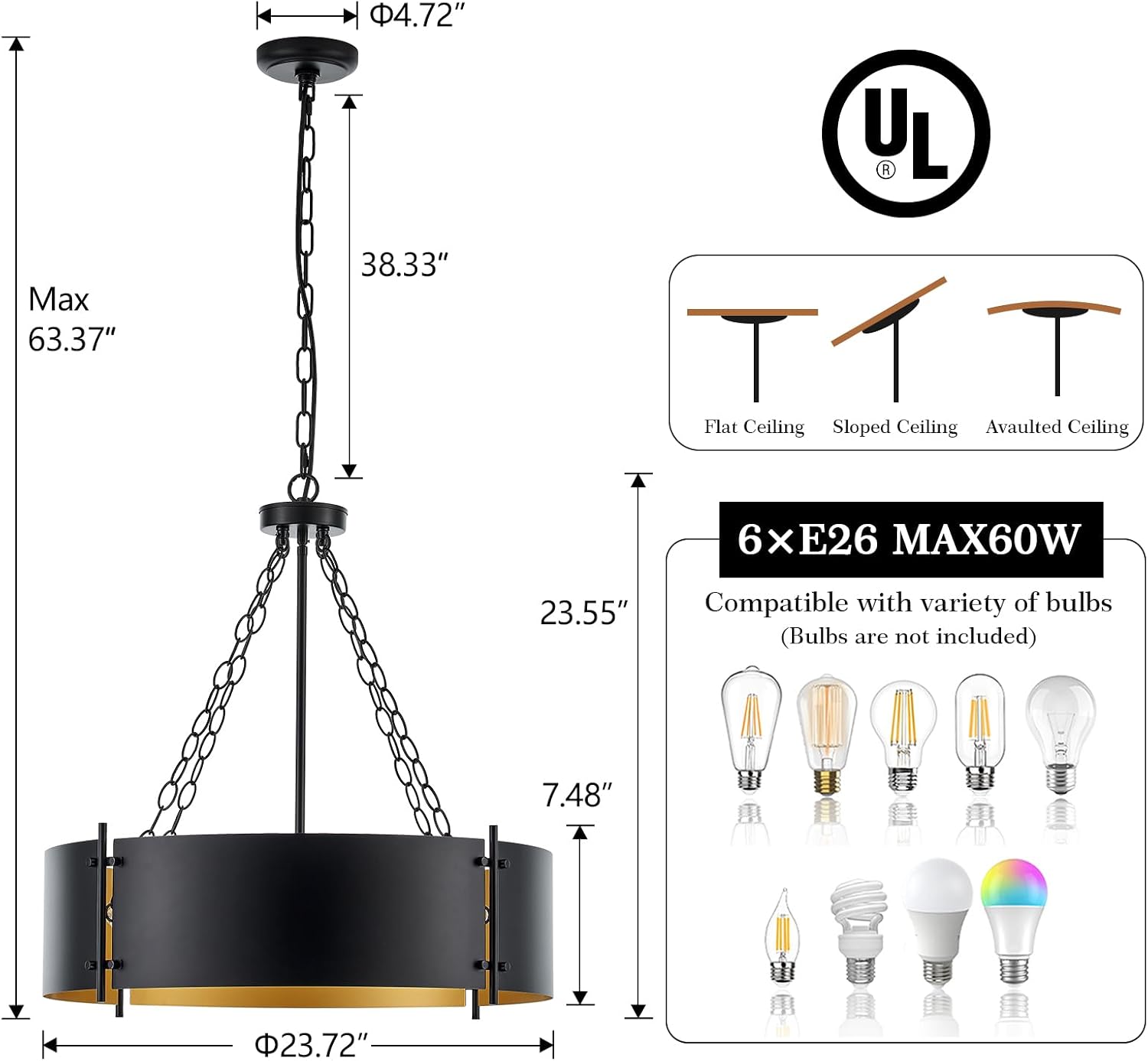 6-Light Industrial Black and Gold Chandelier，23.72" Modern Drum Chandelier, Large Dining Room Pendant Light Fixture for Living Room Entryway