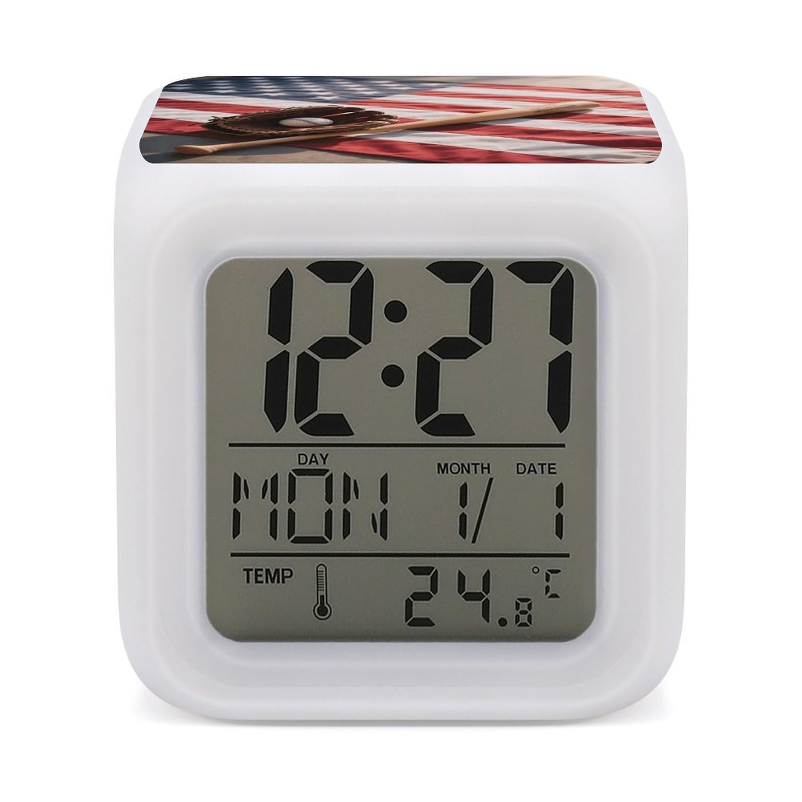 VstaDank Baseball Glove and Bat Alarm Clock with Date Temperature Large LED Display Number Clocks with 7 Colors Changing Desk Clock Battery Operated Digital Clocks with Date for Heavy Sleepers