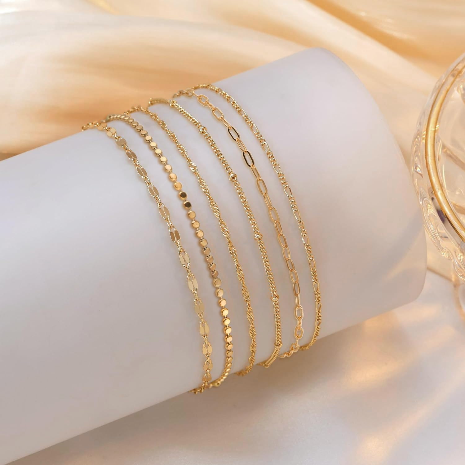 Ankles for Women 18k Gold Plated Anklet Bracelets Layered Cuban Snake Twist Disc Chain Anklet Set Adjustable 6pcs image 3 of 3 B0DPZ7P5YH