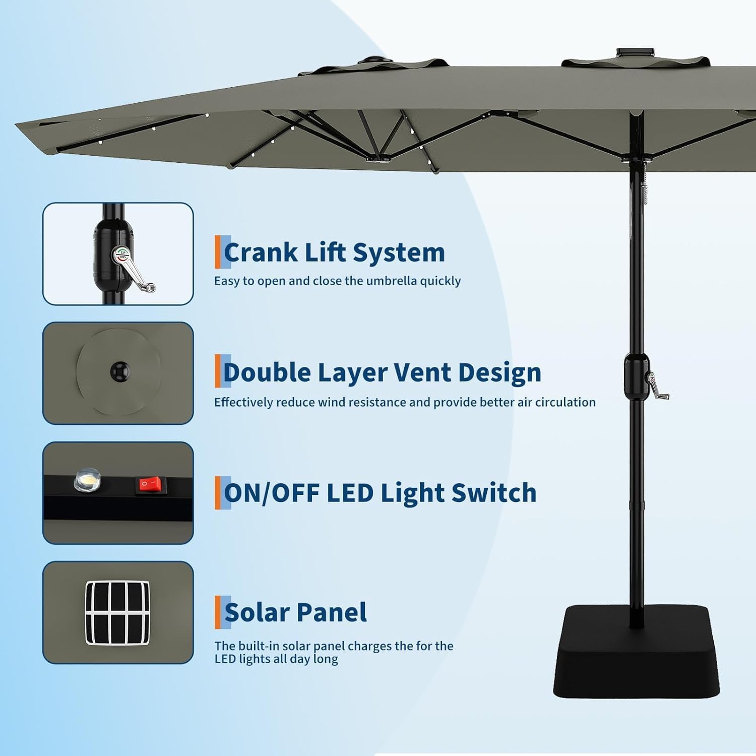 Garvee 15 ft Rectangular Patio Umbrella with Solar Lights & Base Included - Large Patio Umbrella with Crank Handle 36 LED Lights, UV Protection for Outdoor Market, Backyard, Deck, Pool, Grey