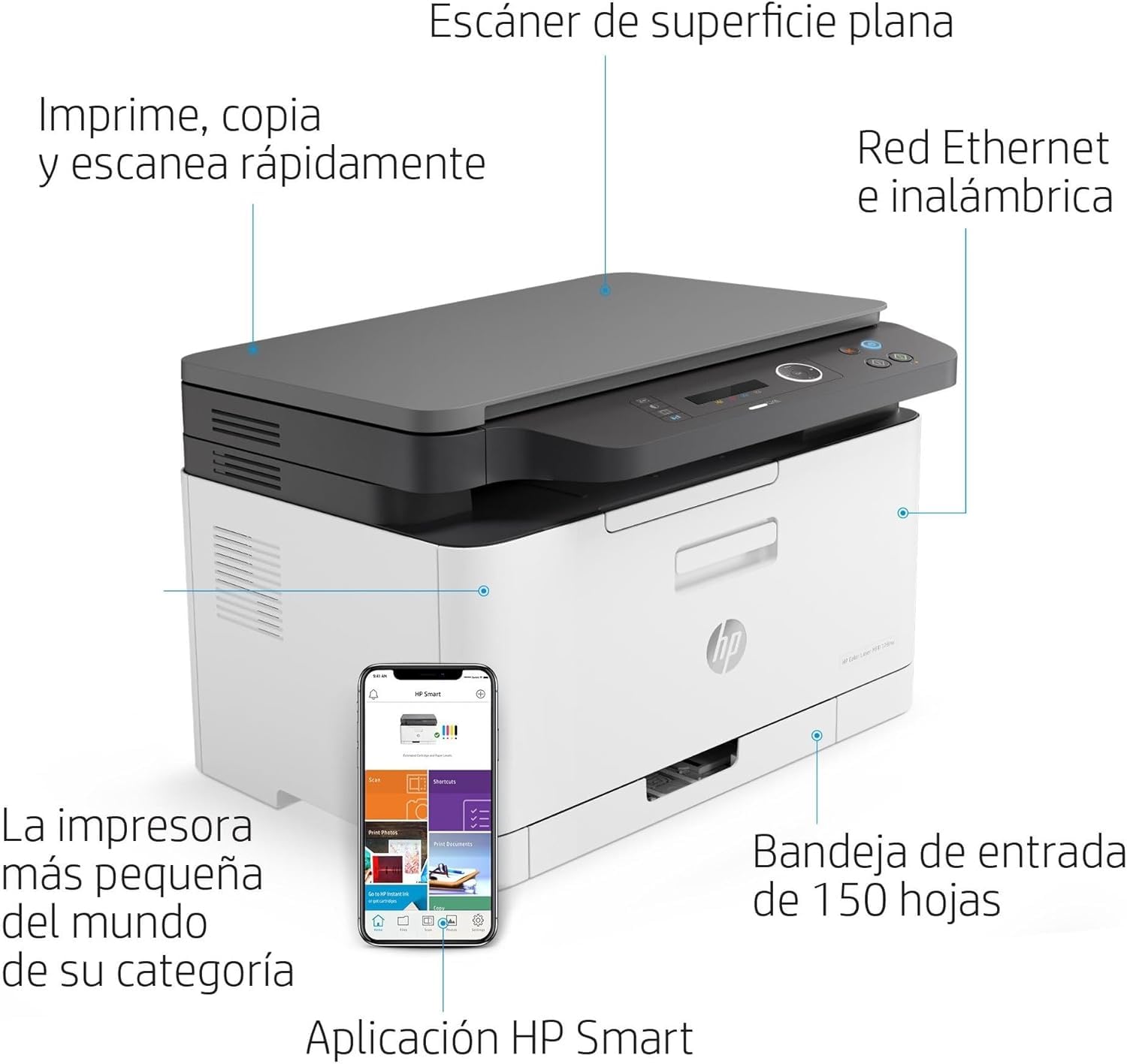 HP Color Laser MFP 178nw 4ZB96A - Impresora Láser Color Multifunción Wi-Fi, Imprime, Escanea y Copia, Ethernet, USB 2.0, Smart App, Panel LCD, Blanca y Gris